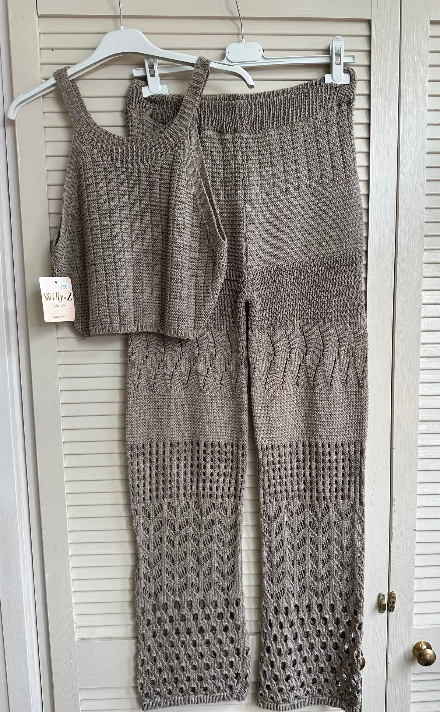 Crochet crop top & trouser beach set - mocha