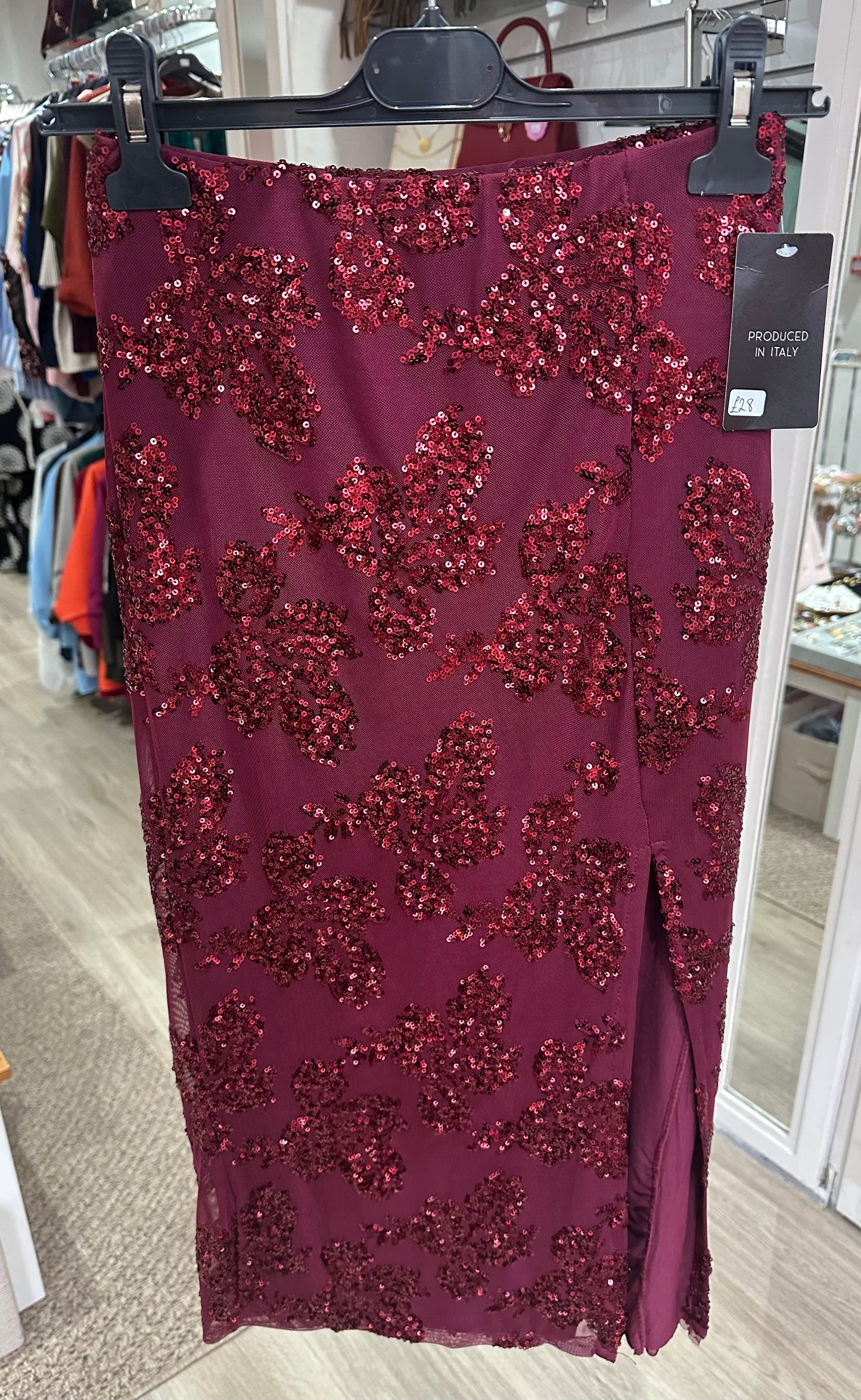 Sequin detail midi skirt with side split - burgundy