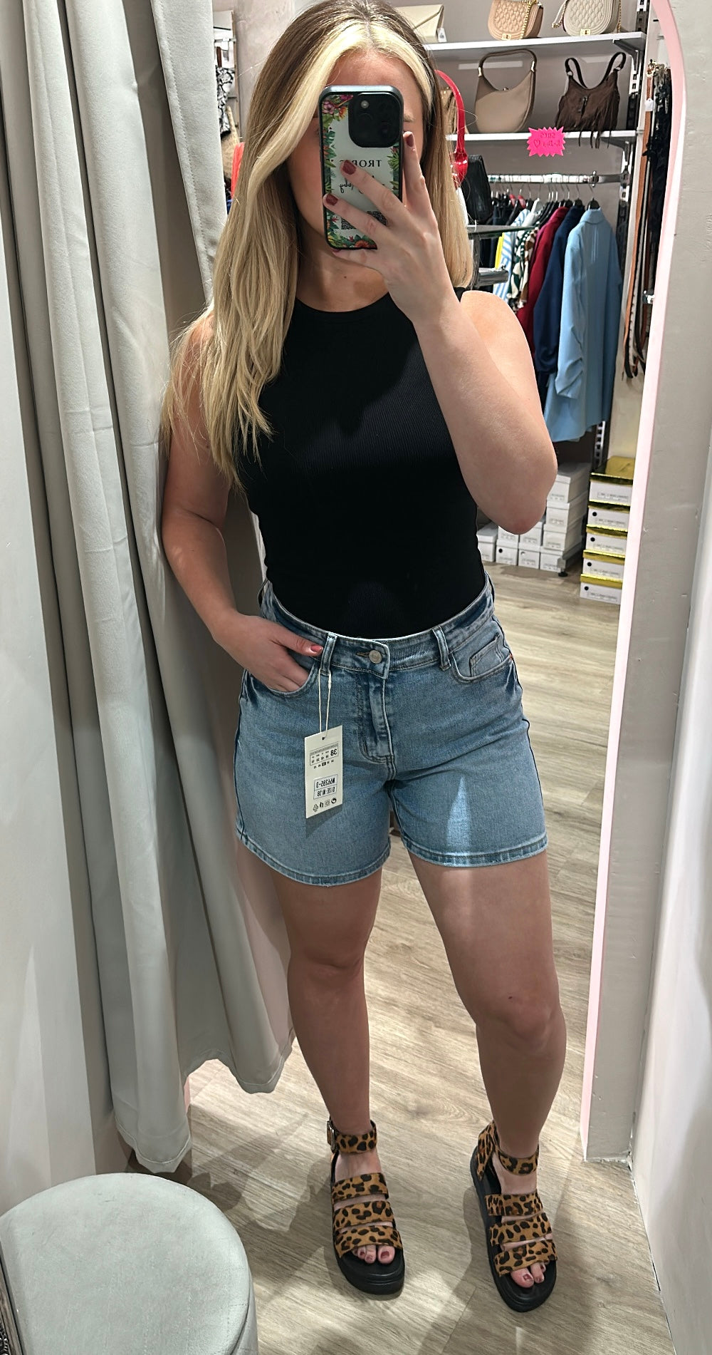 Blue stretchy denim high waisted shorts