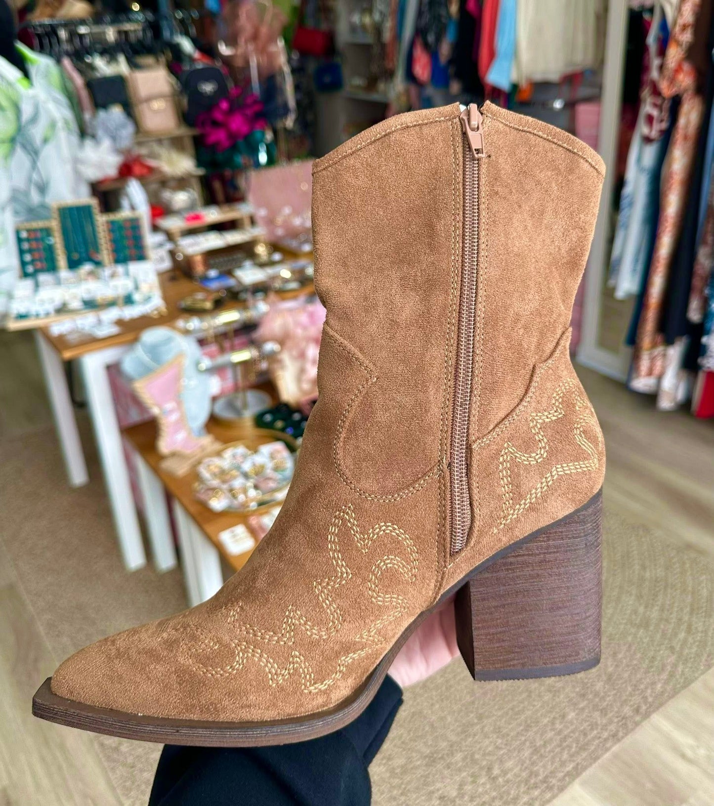 Embroidered tan cowboy western heeled boots