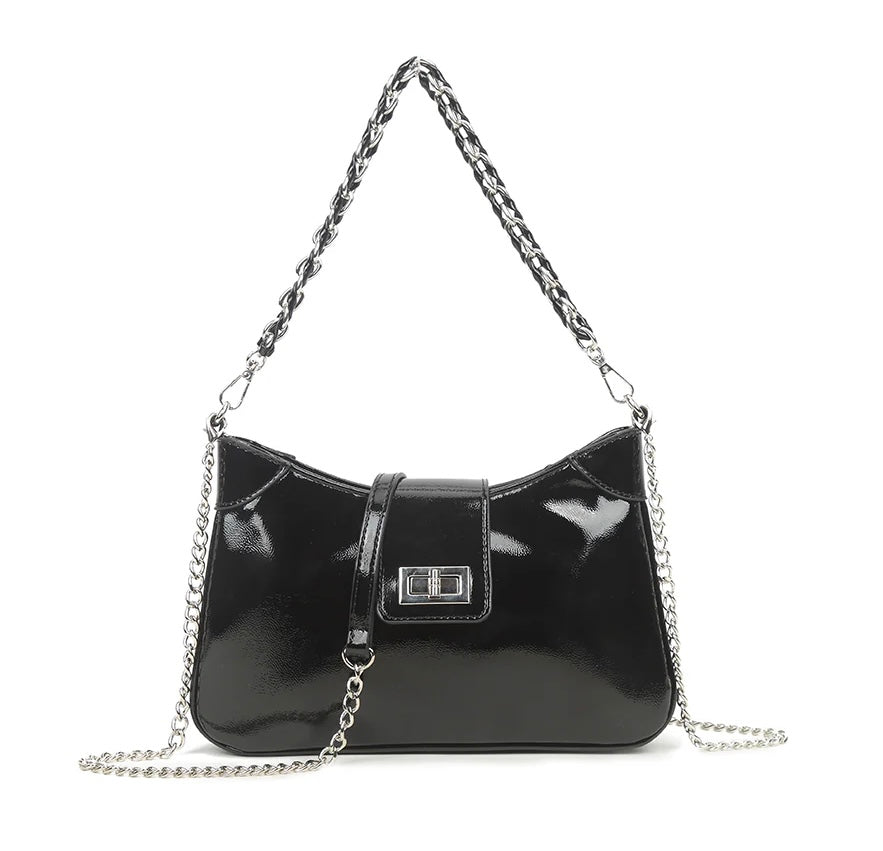 Black glossy shoulder bag with duo strap detail (long and short chain straps)