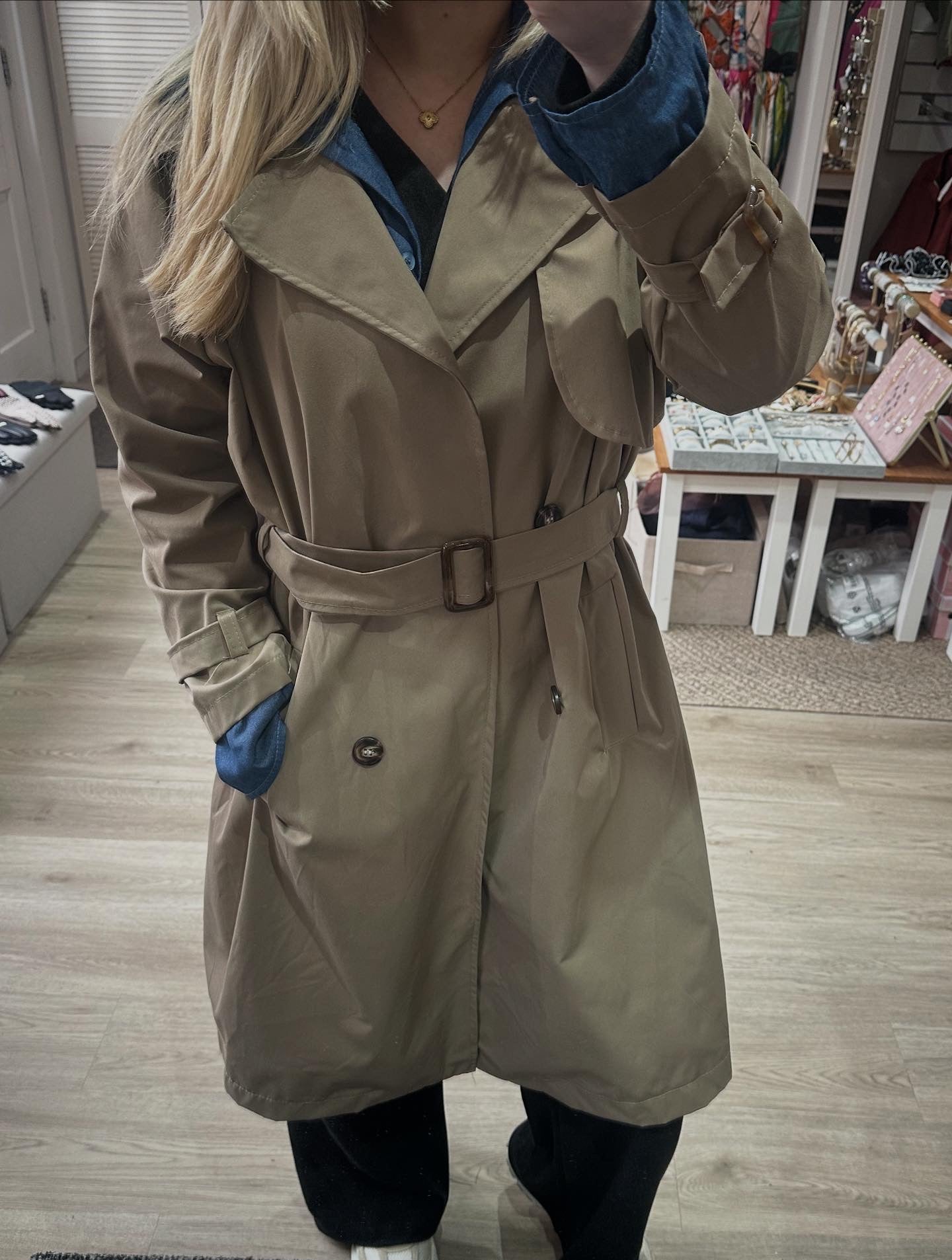 Dark beige trench coat with denim look shirt collar & cuff detail