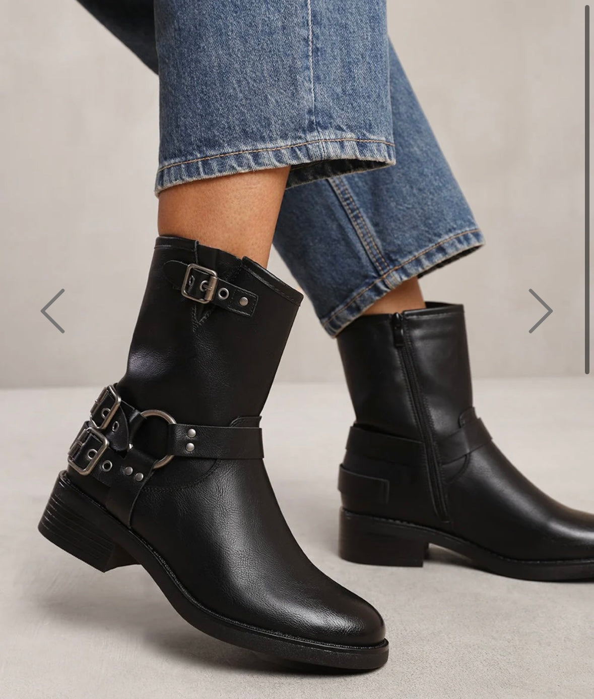 Black PU buckle detail heeled biker boots