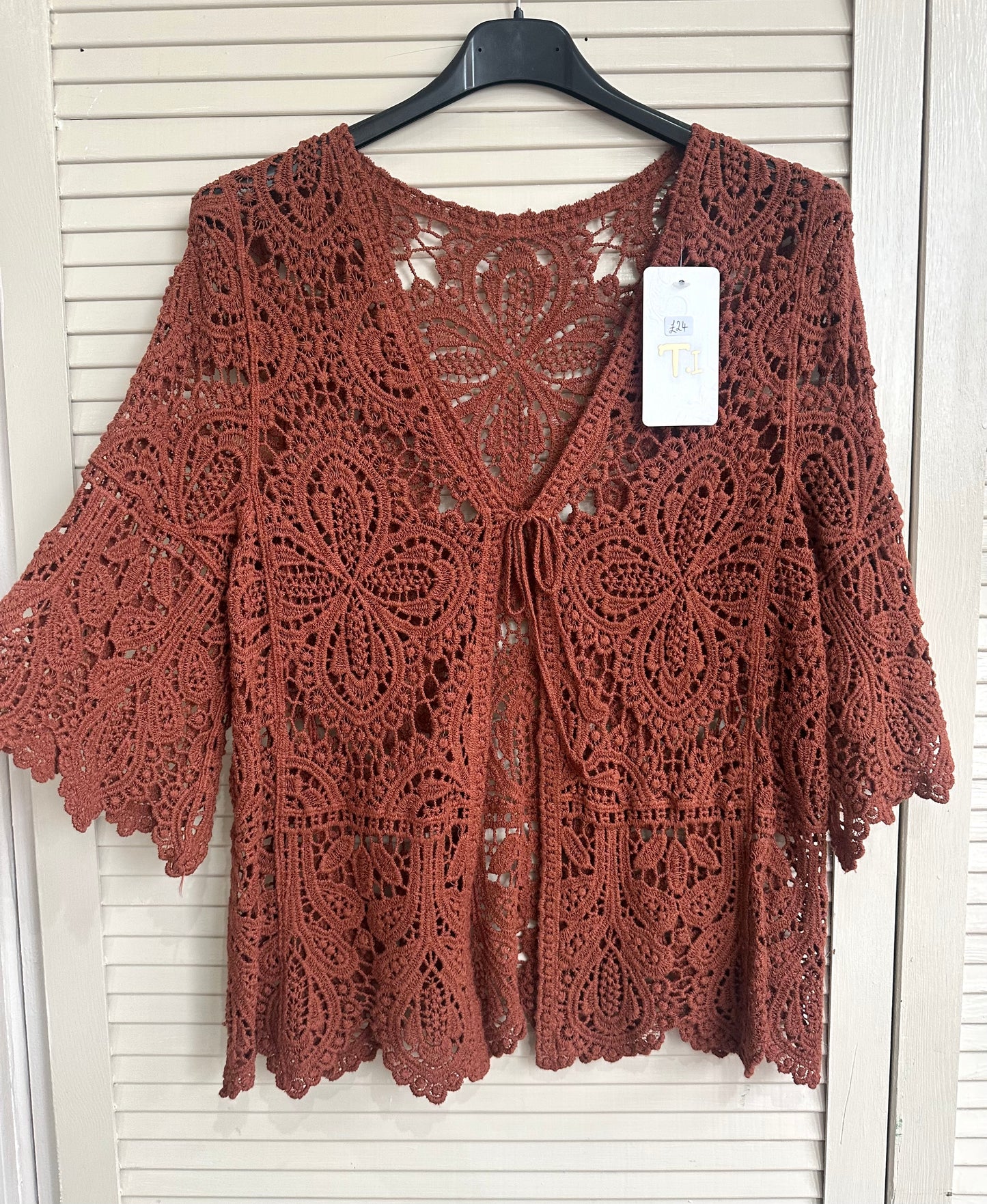 Boho floral crochet tie front cardigan - Rust