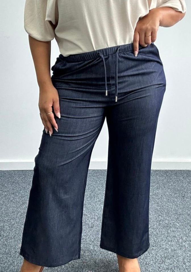 Curve blue denim look wide leg drawstring trousers with pockets