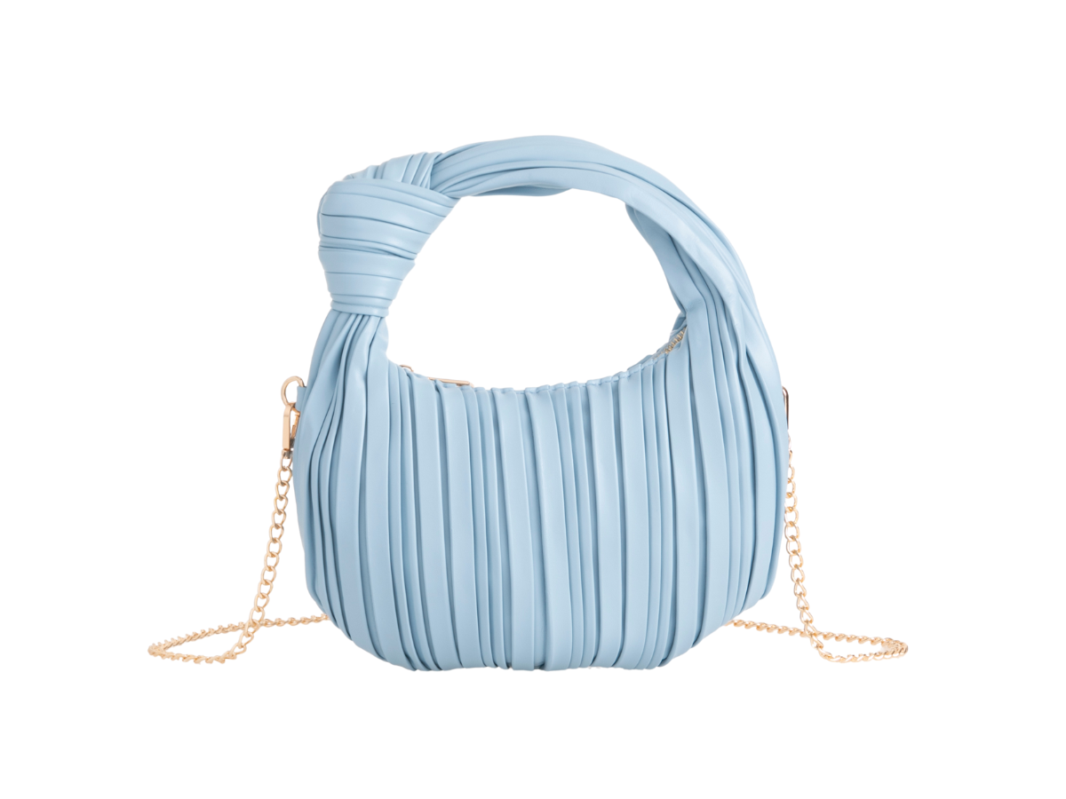 Light blue knot detail top handle bag with gold chain strap