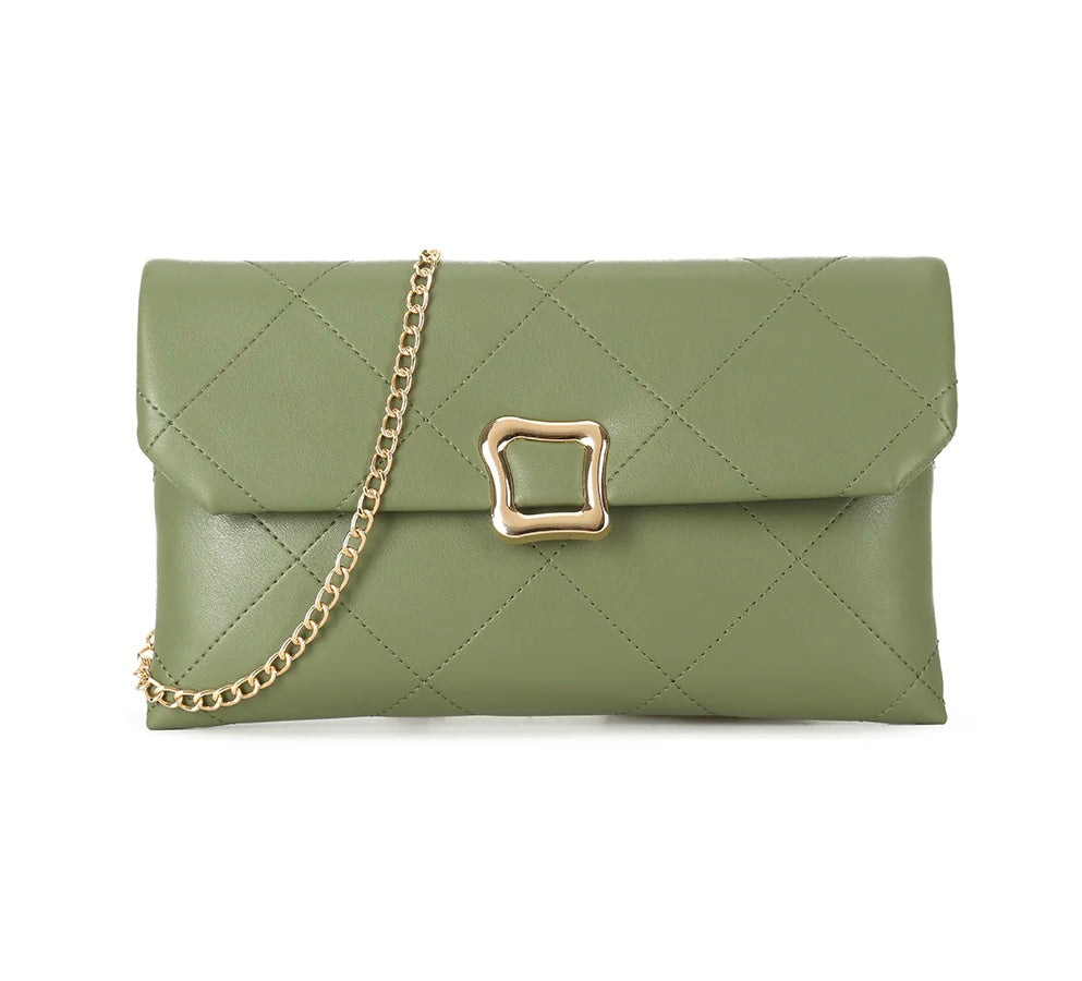 Quilted Envelope Clutch Bag with Gold Chain Strap – Olive