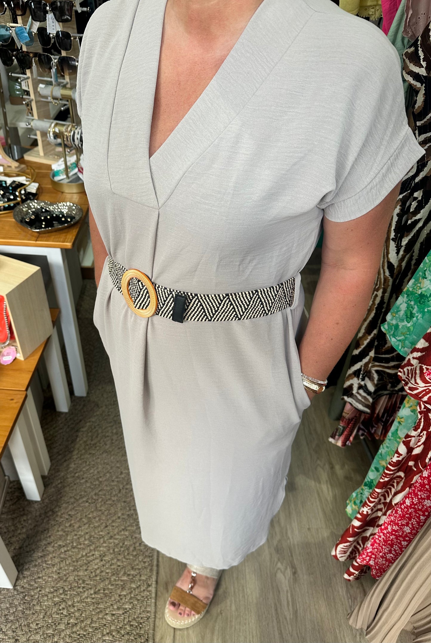 Short sleeve v neck midi dress with woven belt - Taupe