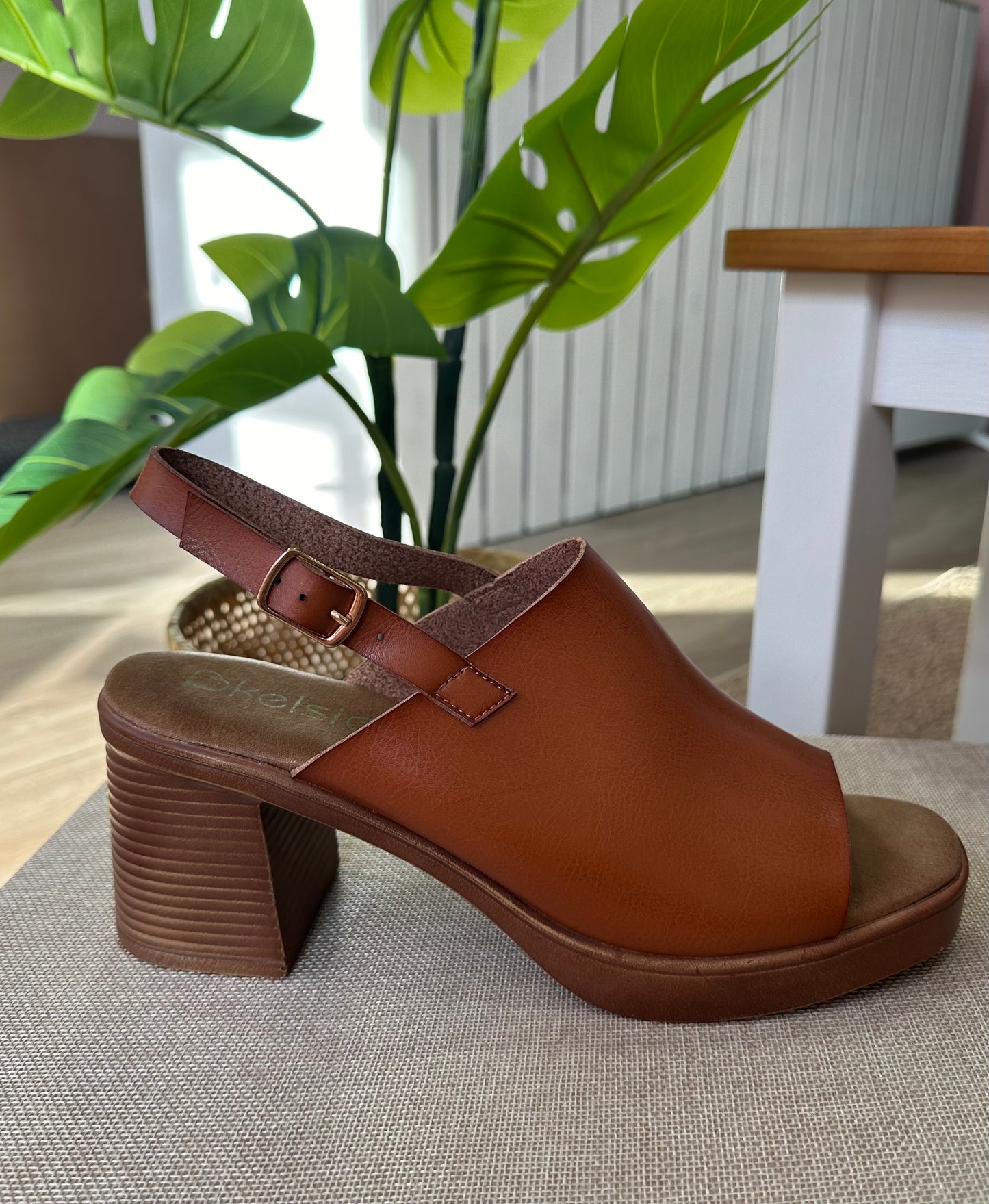 Tan clog platform heels