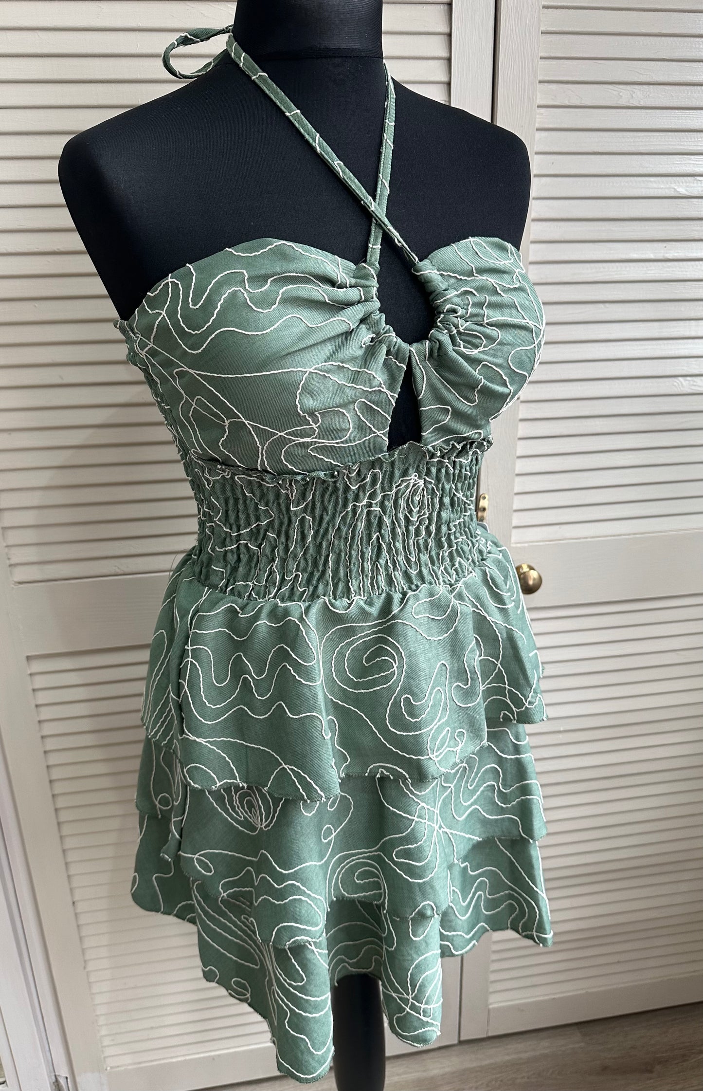 Green embroidery detail shirred waist layered mini dress