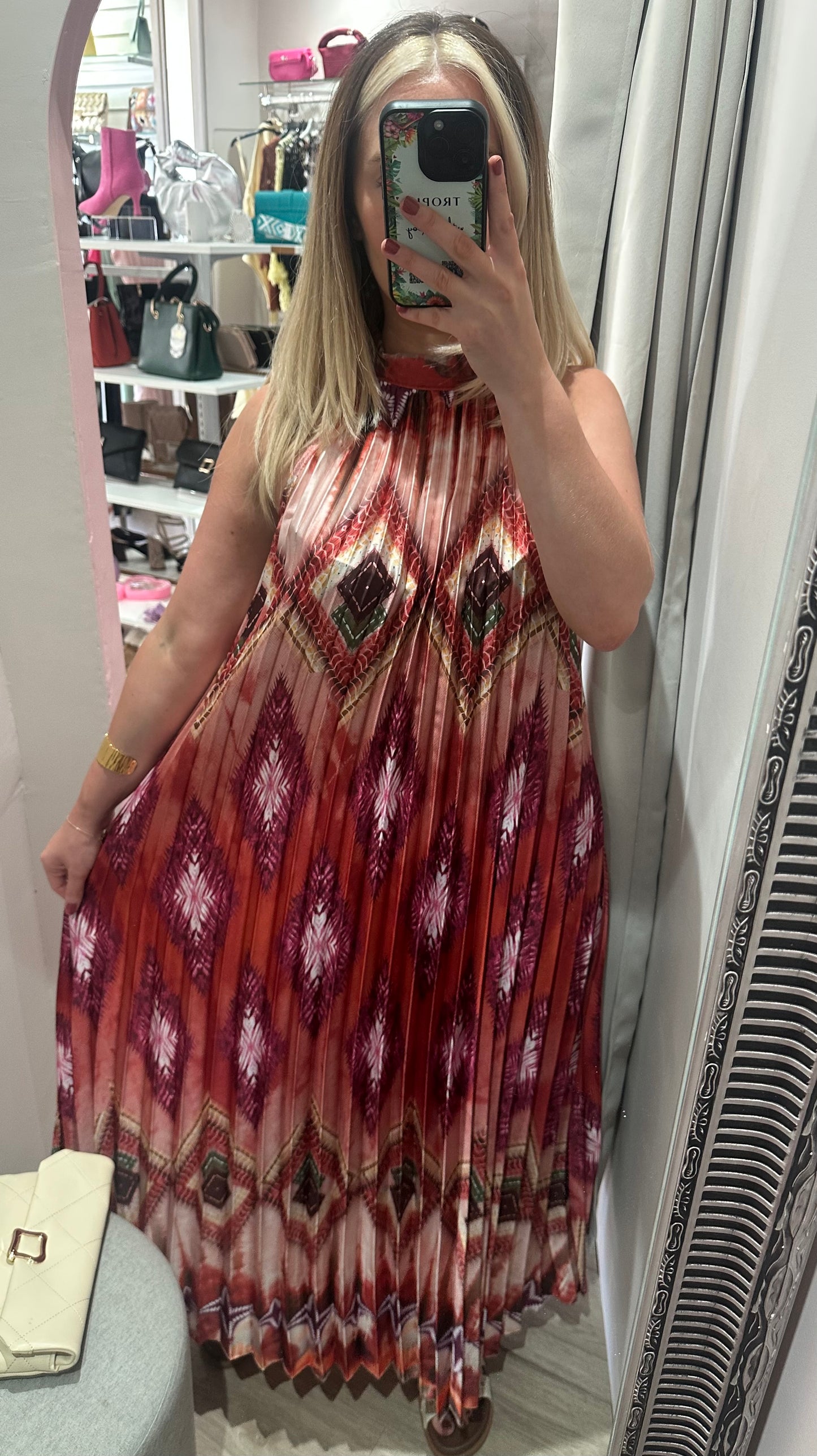 Sleeveless high neck pleated maxi dress