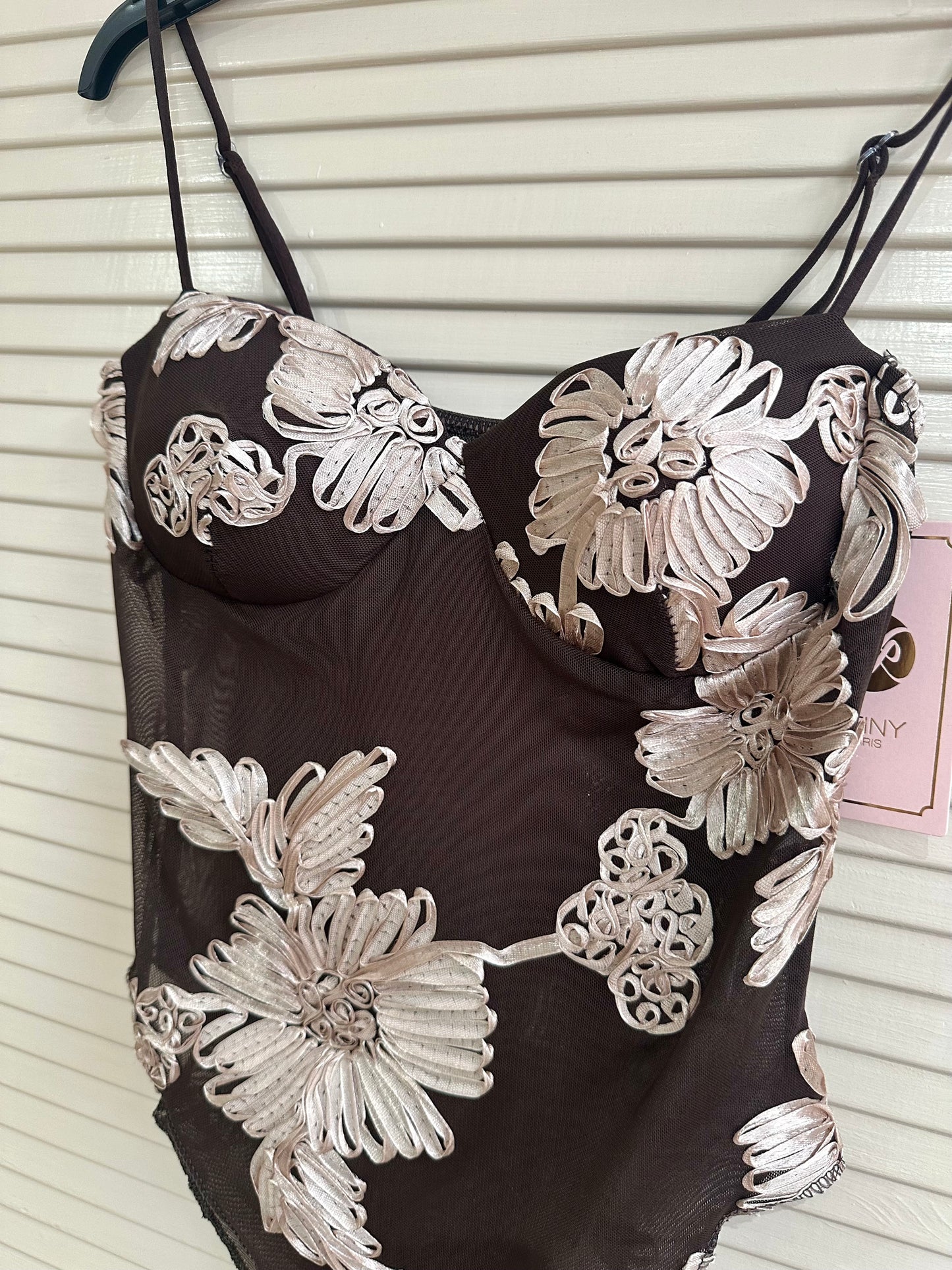 Floral mesh detail bodysuit with fitted cups & adjustable straps - Brown