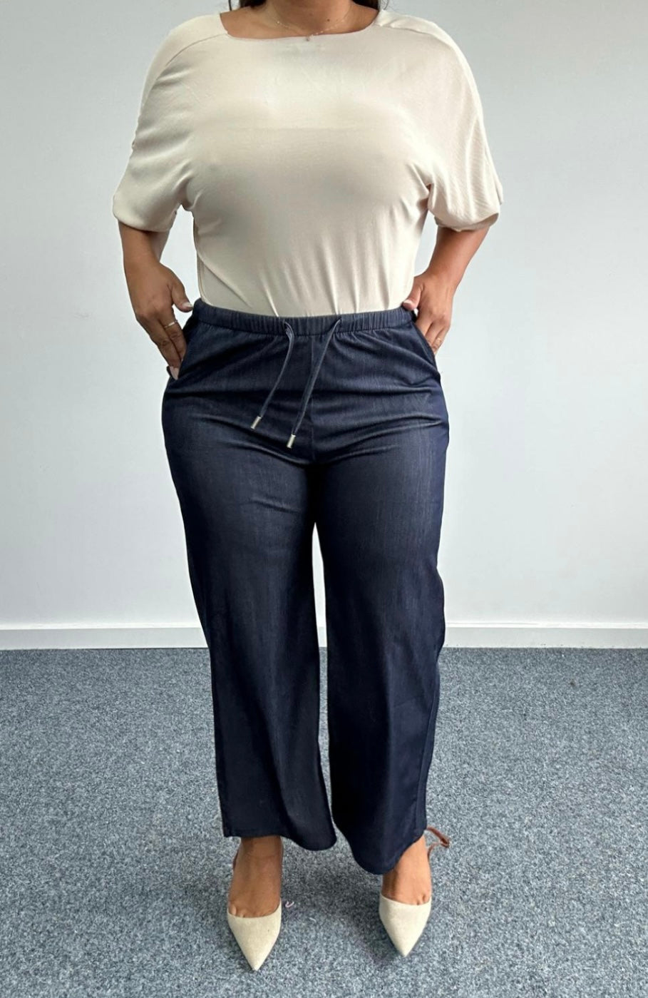 Curve blue denim wide leg drawstring trousers with pockets