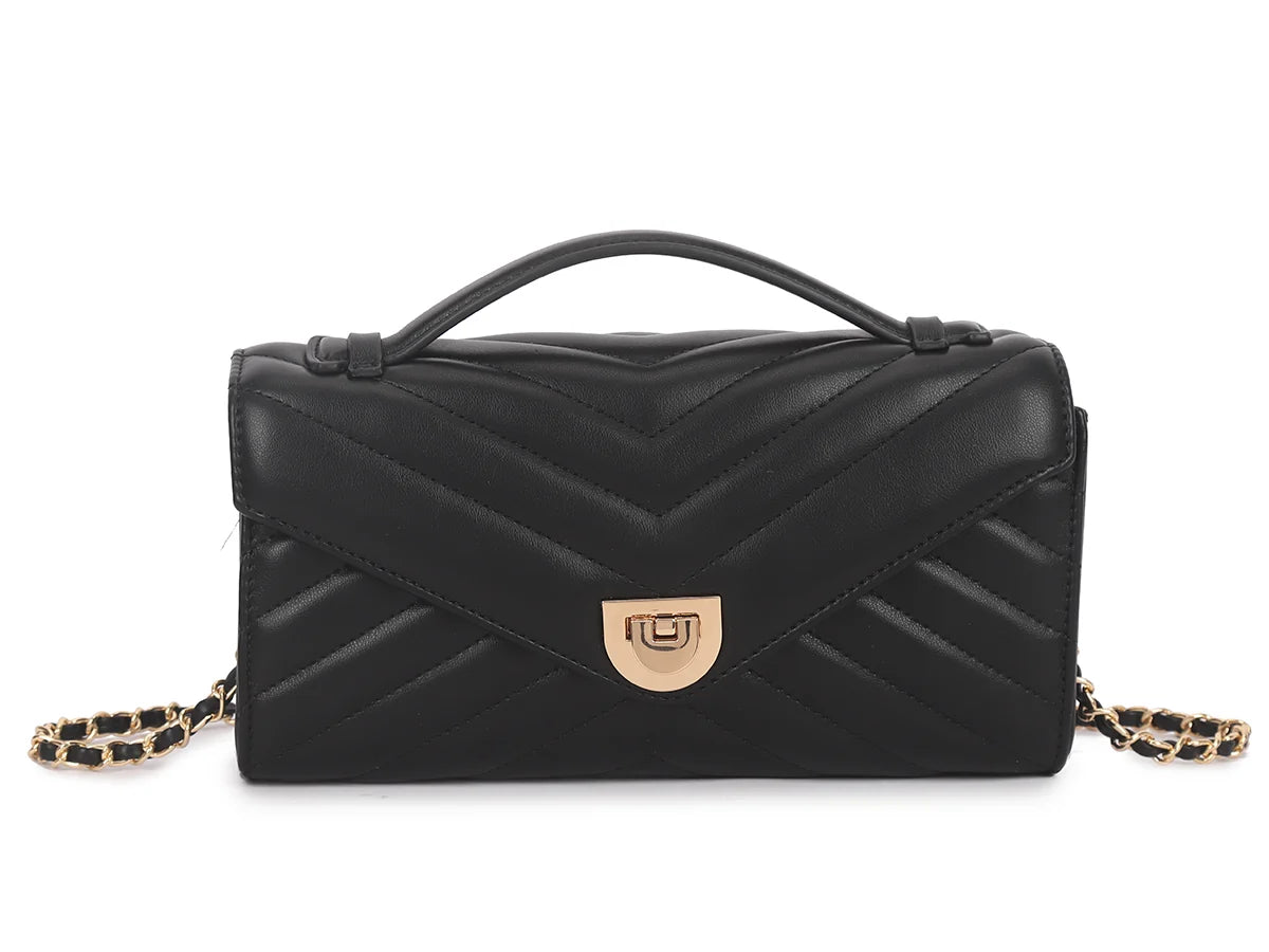 Quilted Faux Leather Chain Strap Crossbody Bag - Black
