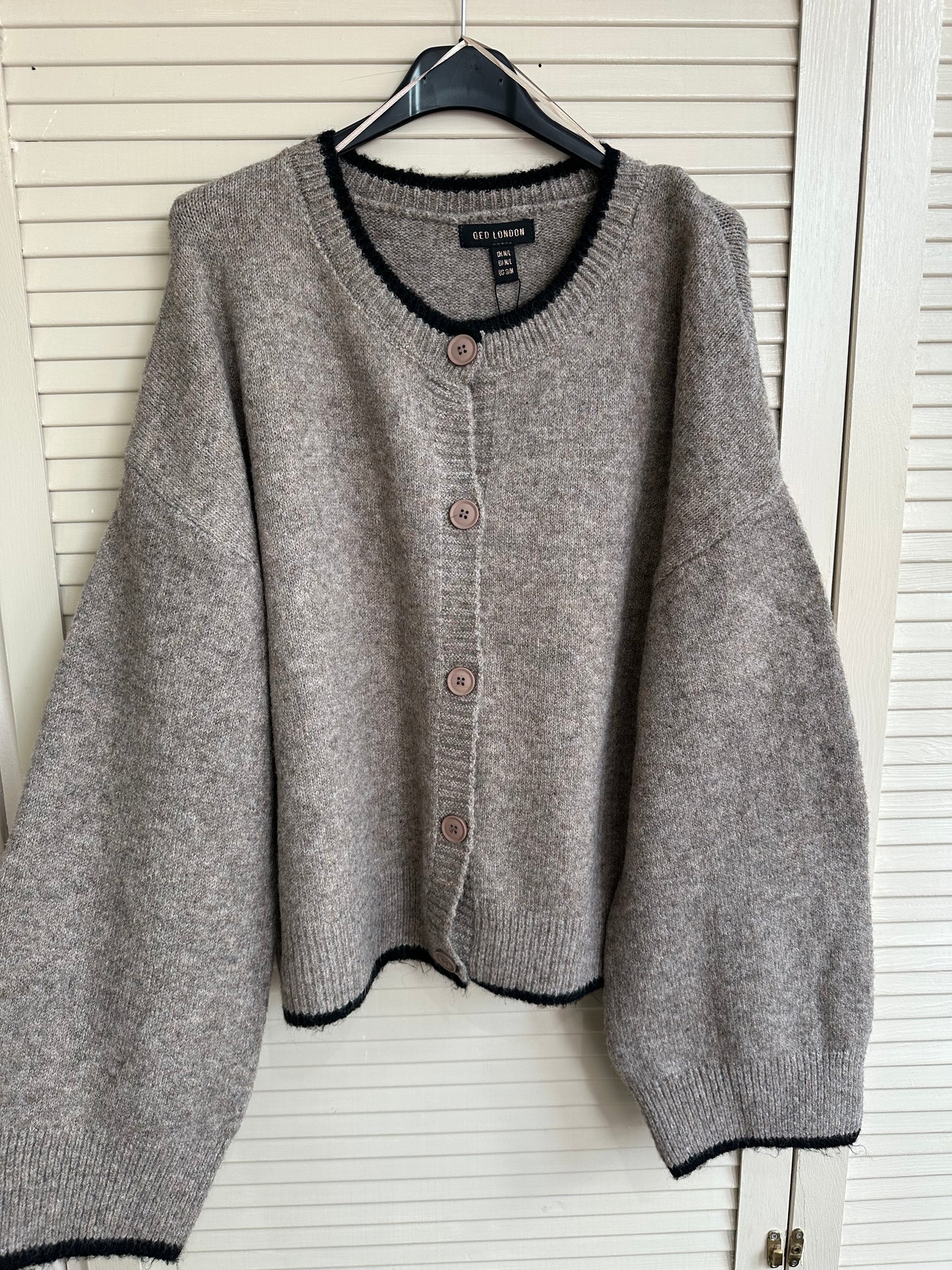 Taupe and black round neck detail button down cardigan