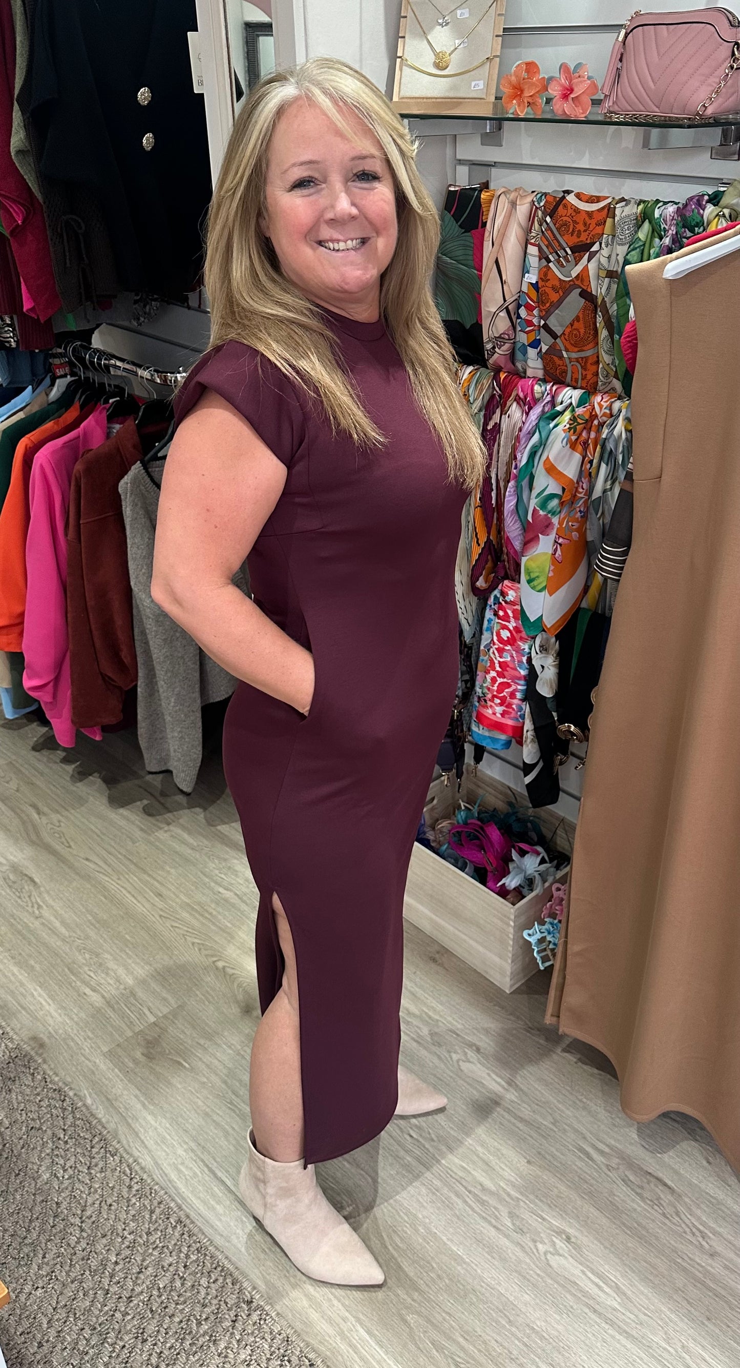 Split hem midi dress with pockets - Dark burgundy