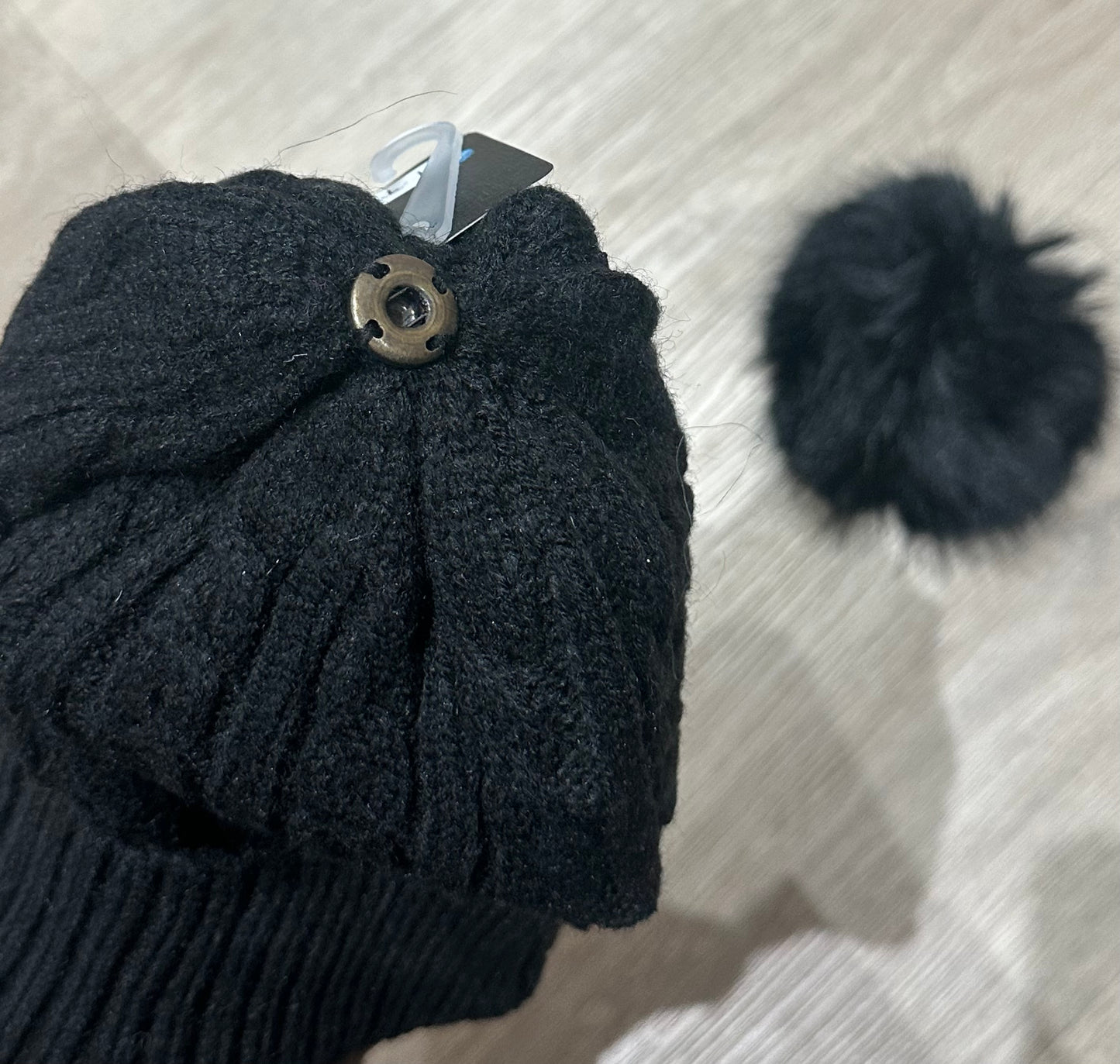 Black detachable faux fur Pom Pom hat