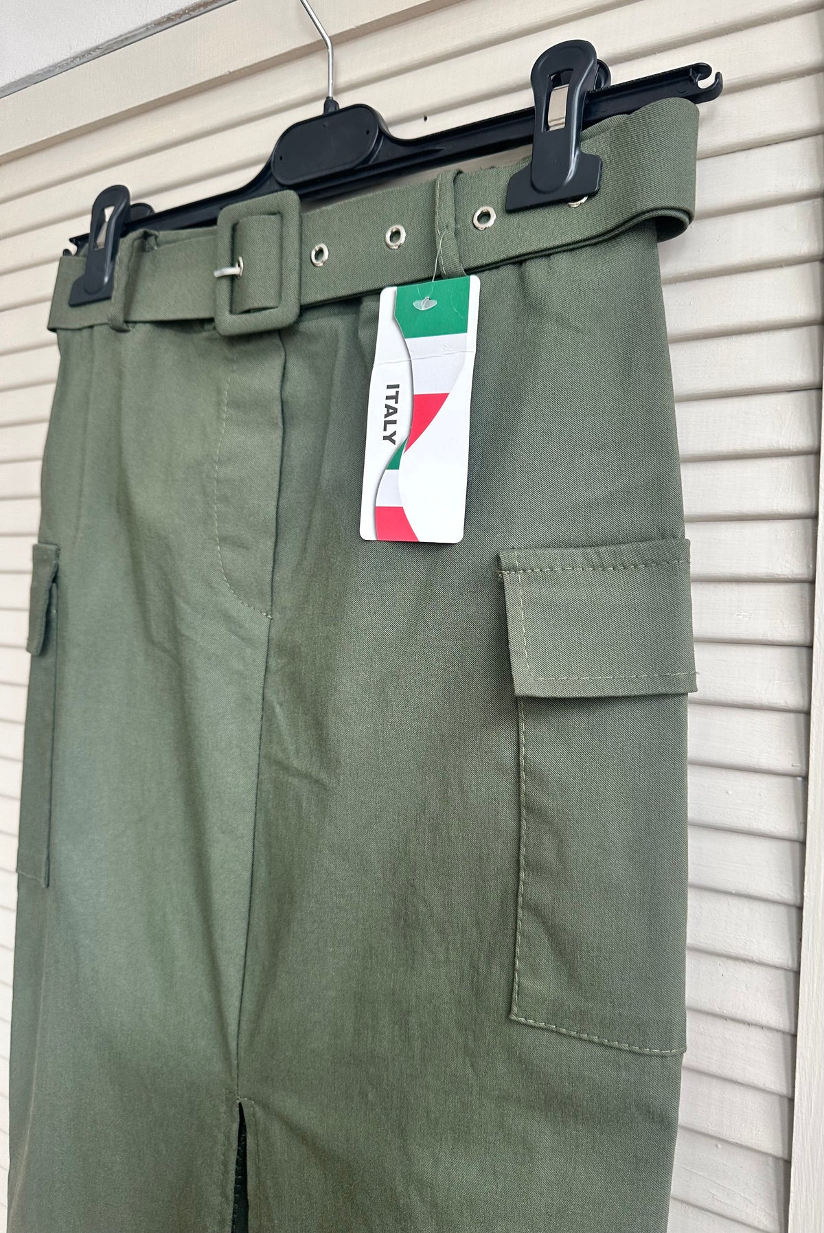 Khaki cargo belted stretch midi skirt