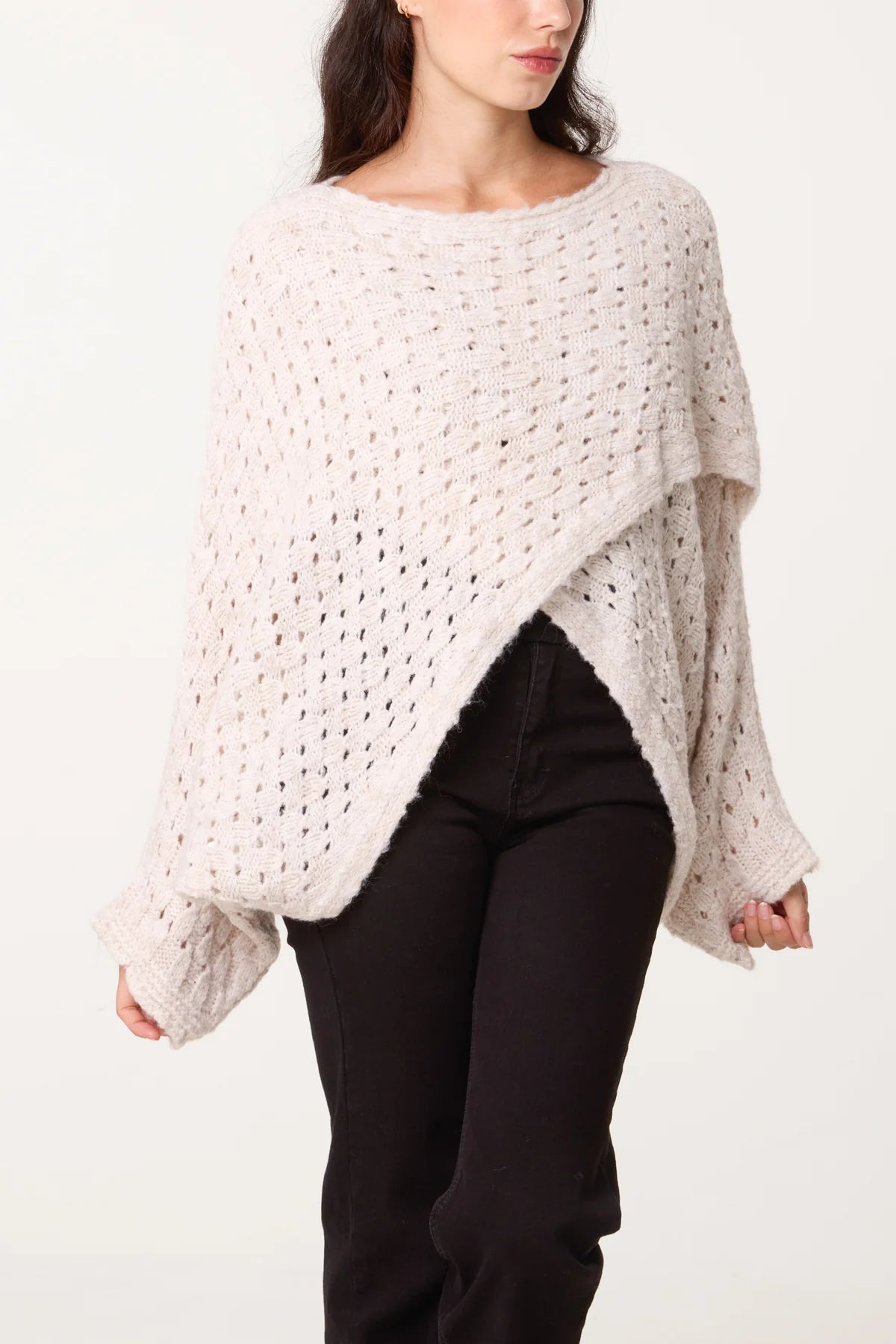 Wrap over asymmetric hem knit top - Ivory