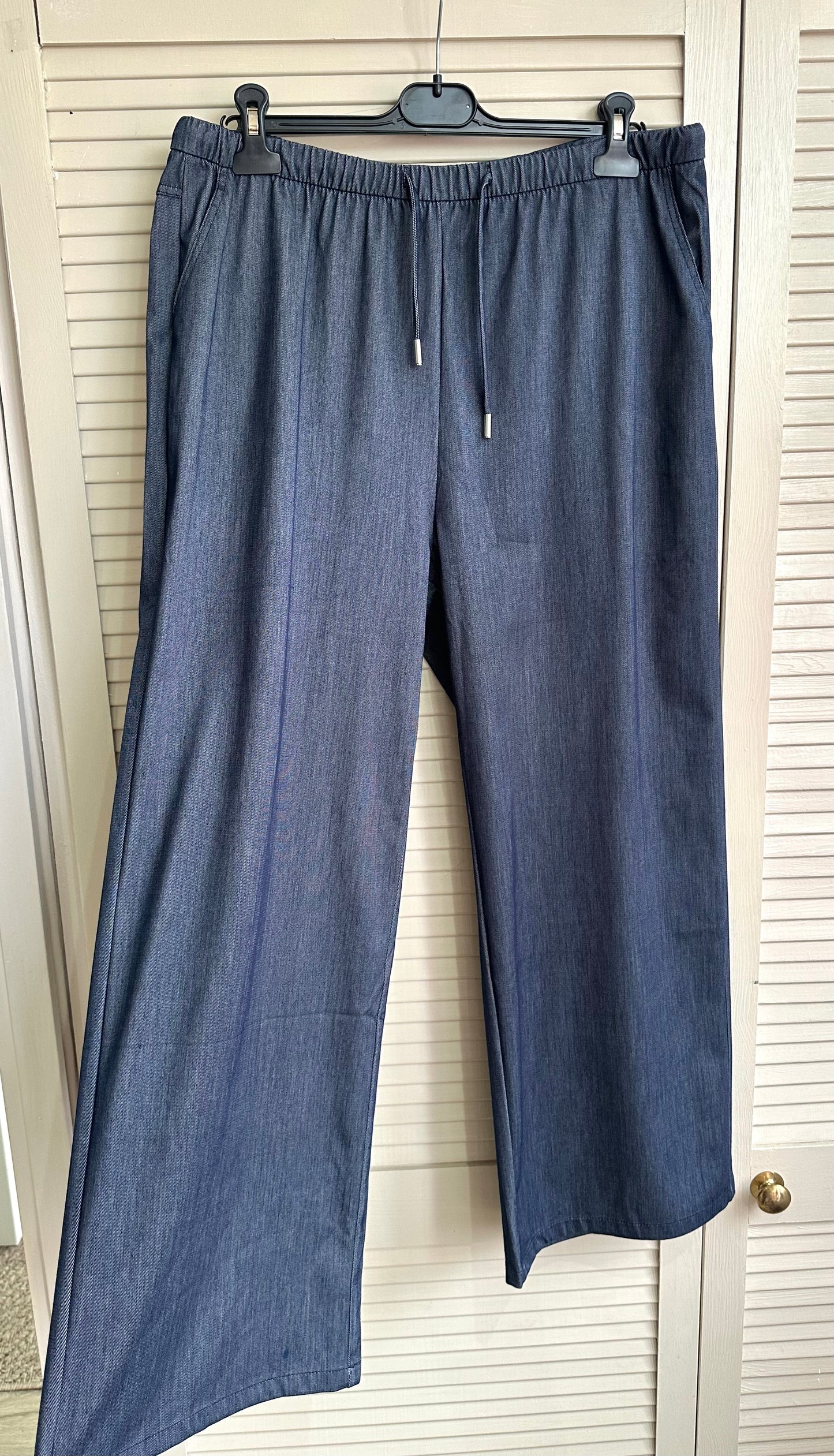 Curve blue denim look wide leg drawstring trousers with pockets