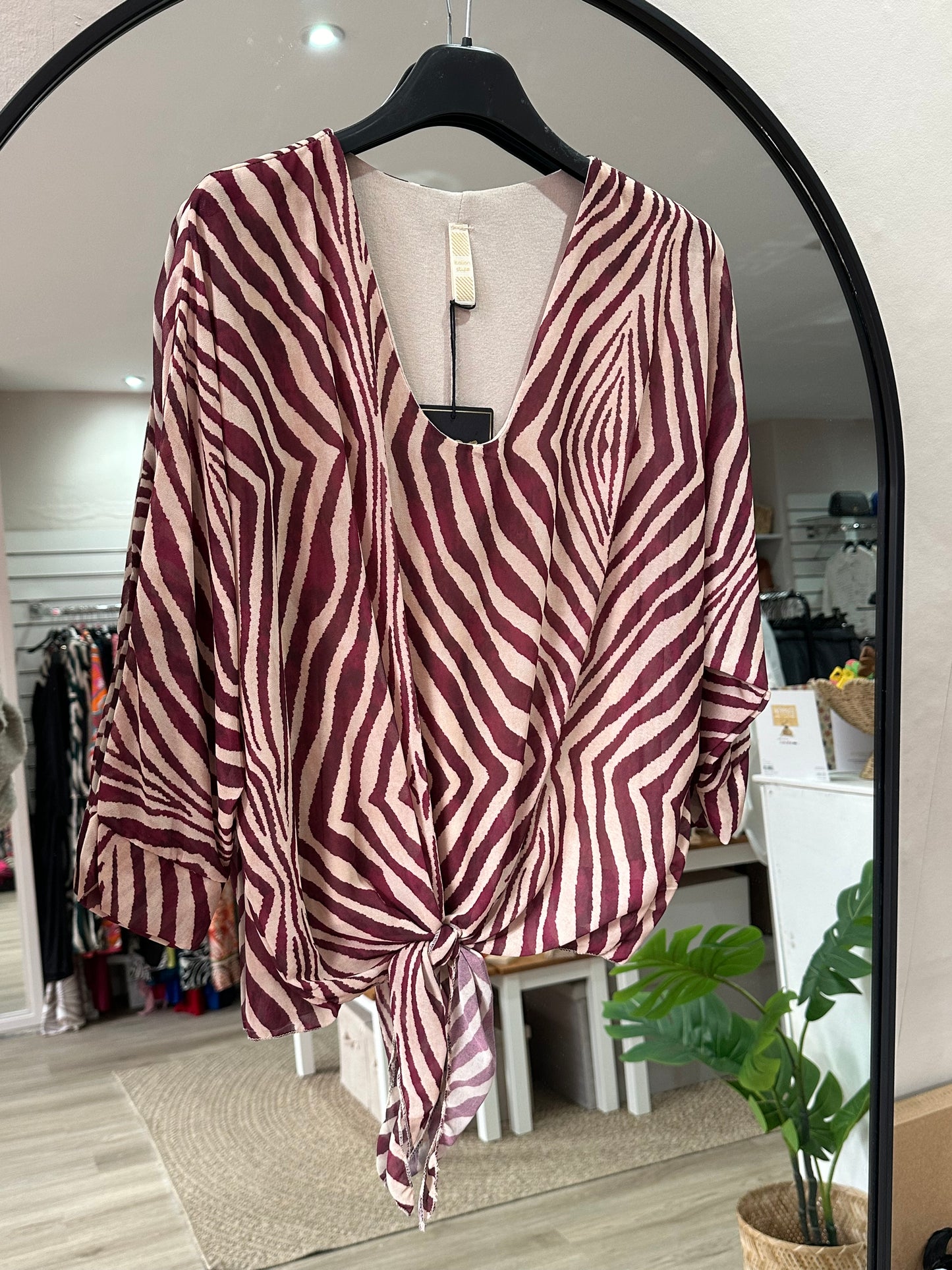 Deep purple pattern front tie blouse