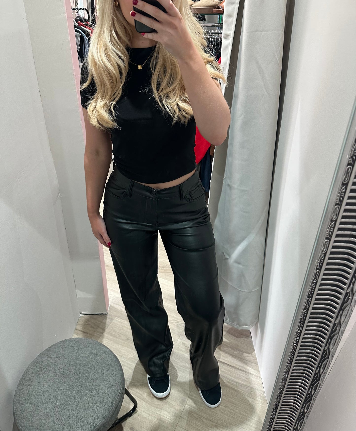 Faux leather straight leg trousers