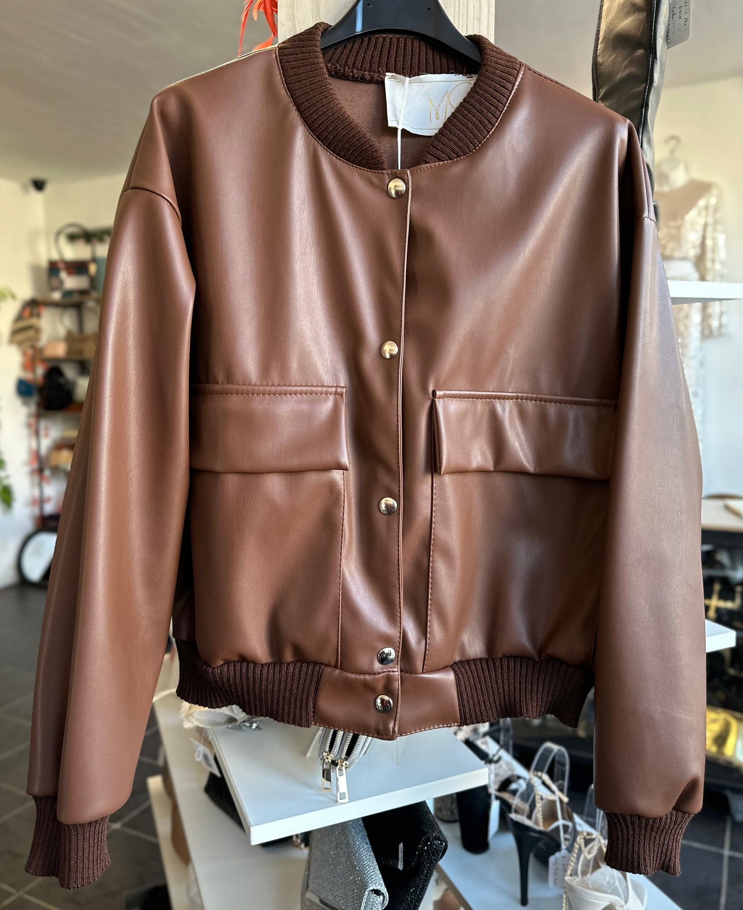 Brown faux leather short length bomber jacket