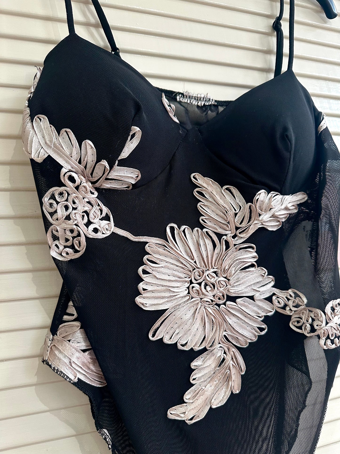 Floral mesh detail bodysuit with fitted cups & adjustable straps - Black