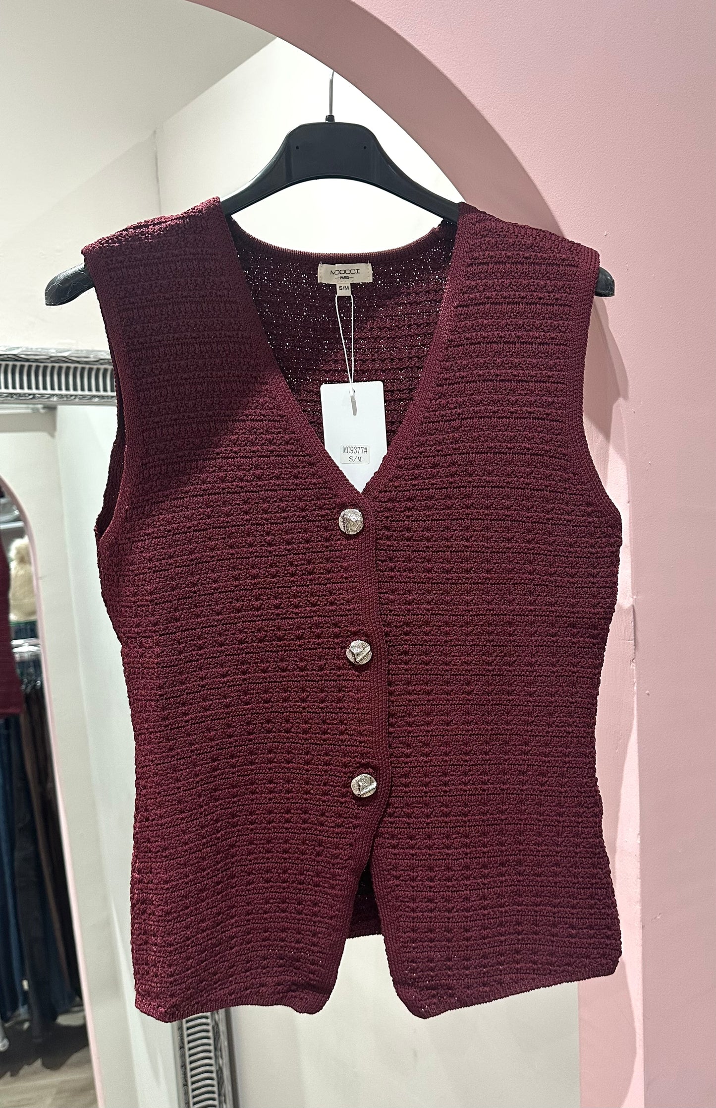 Burgundy textured three button waistcoat