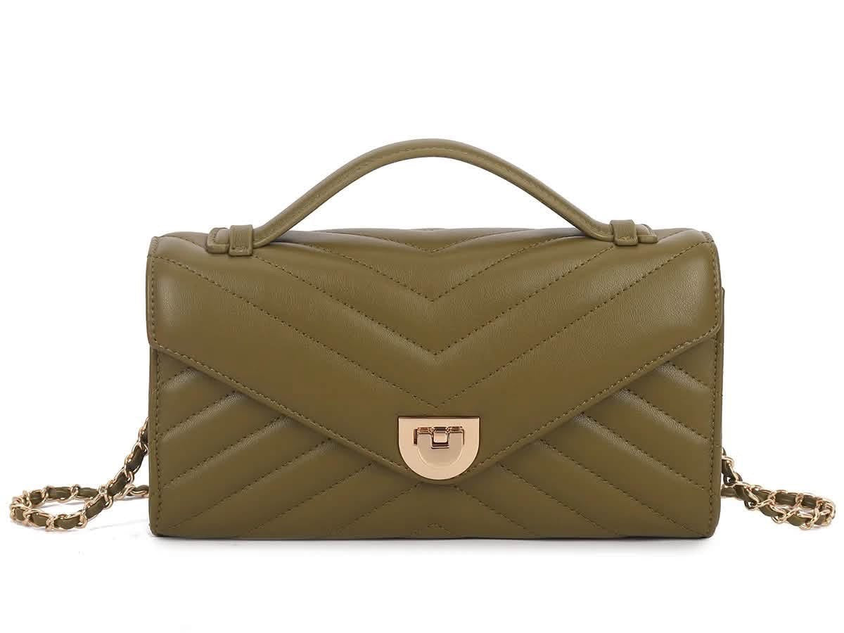 Quilted Faux Leather Chain Strap Crossbody Bag - Olive