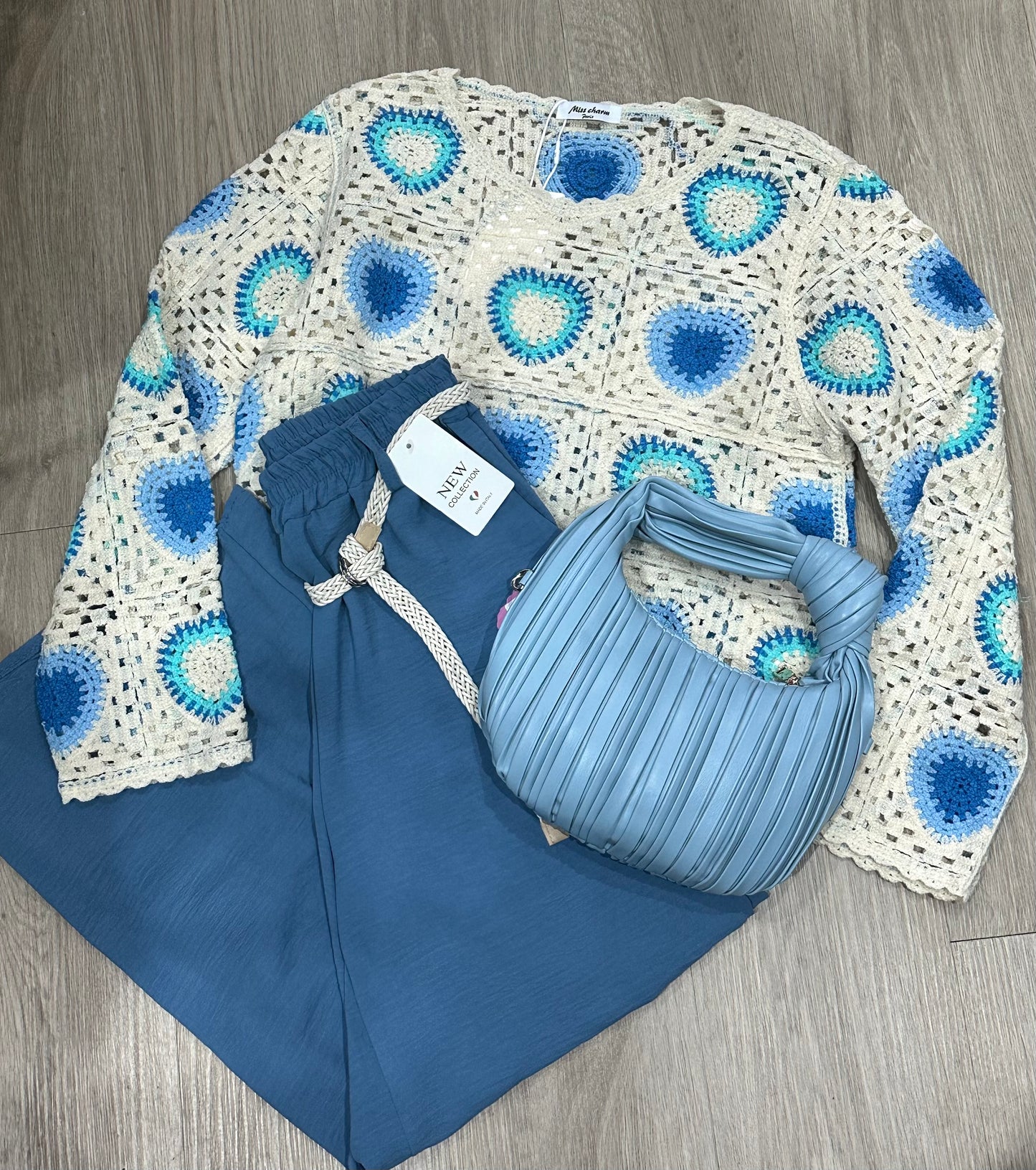 Cream & blue heart patchwork detail crochet top