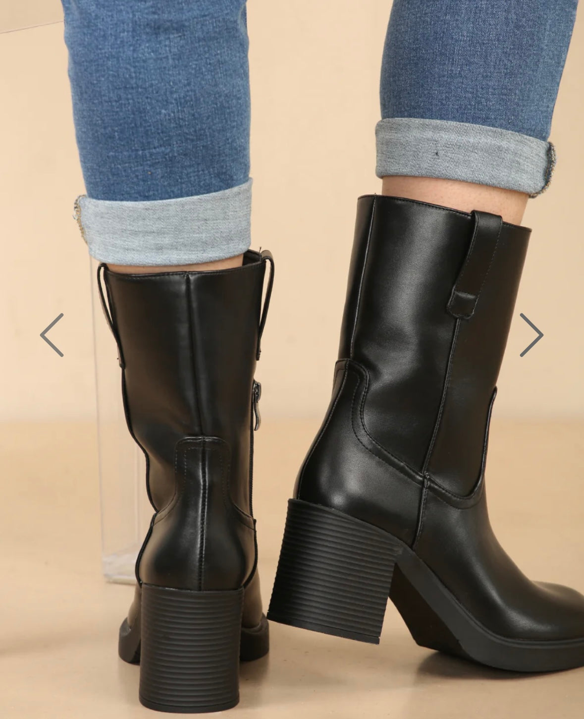 Black Mid-Calf Block Heel Boots