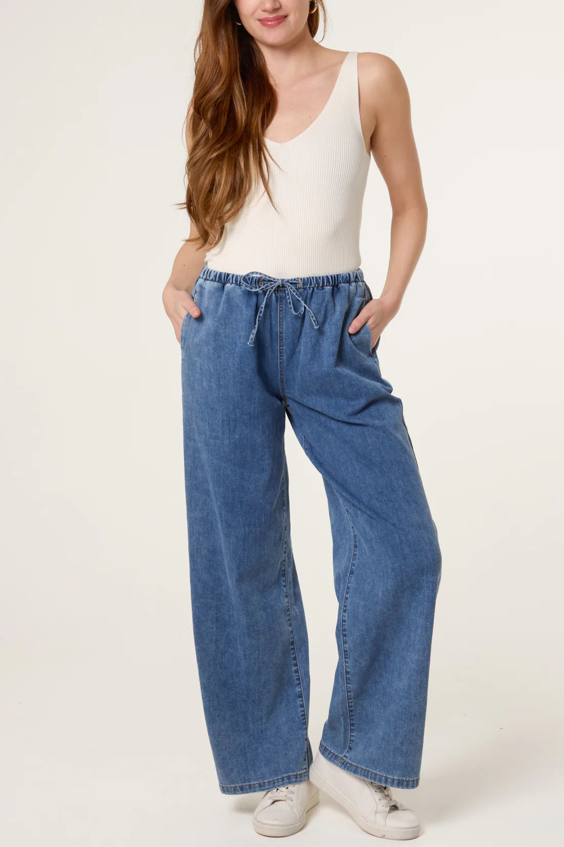 Drawstring wide leg denim trousers