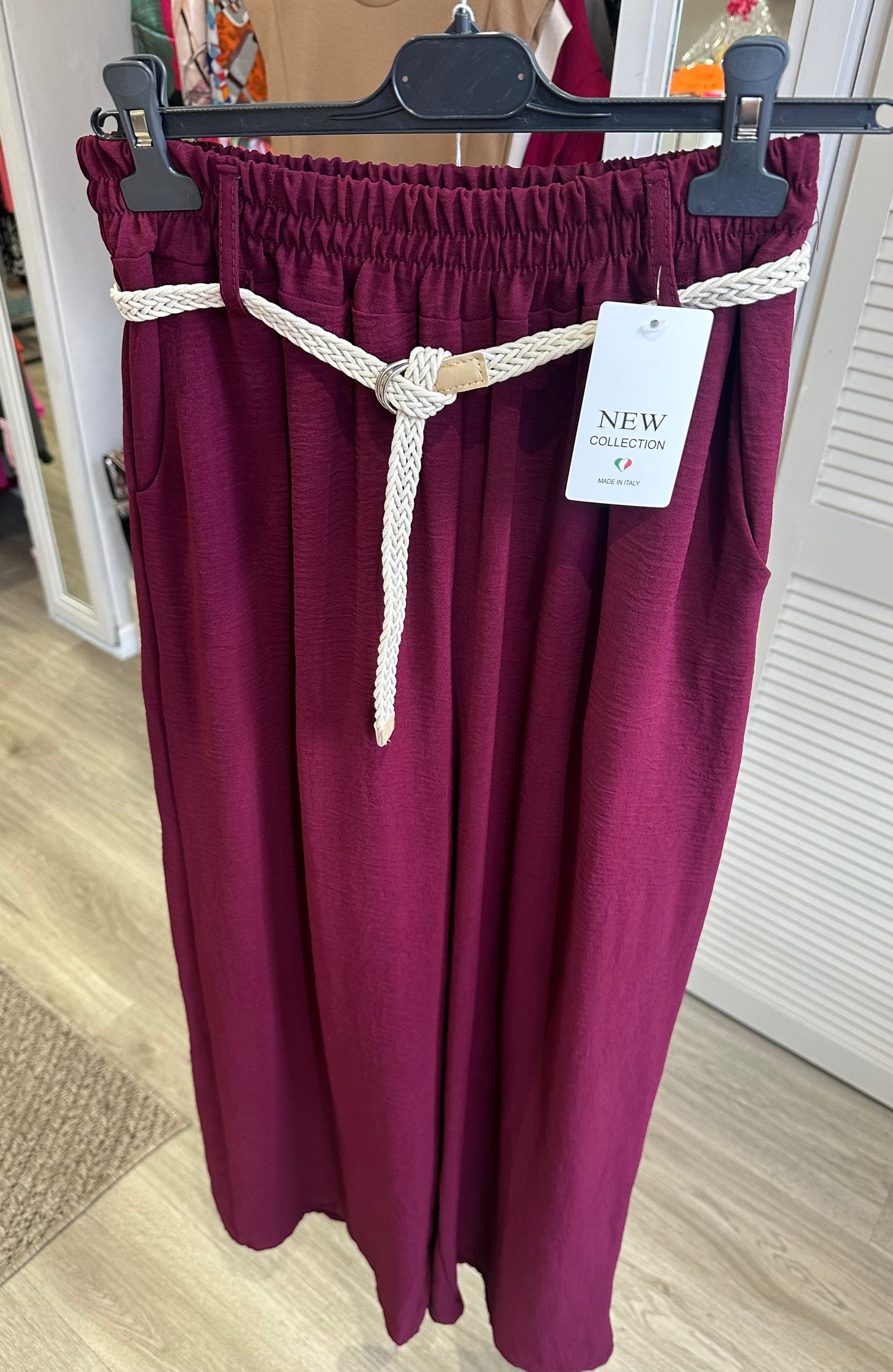 Elasticated high waist trousers with cream braided belt - Burgundy