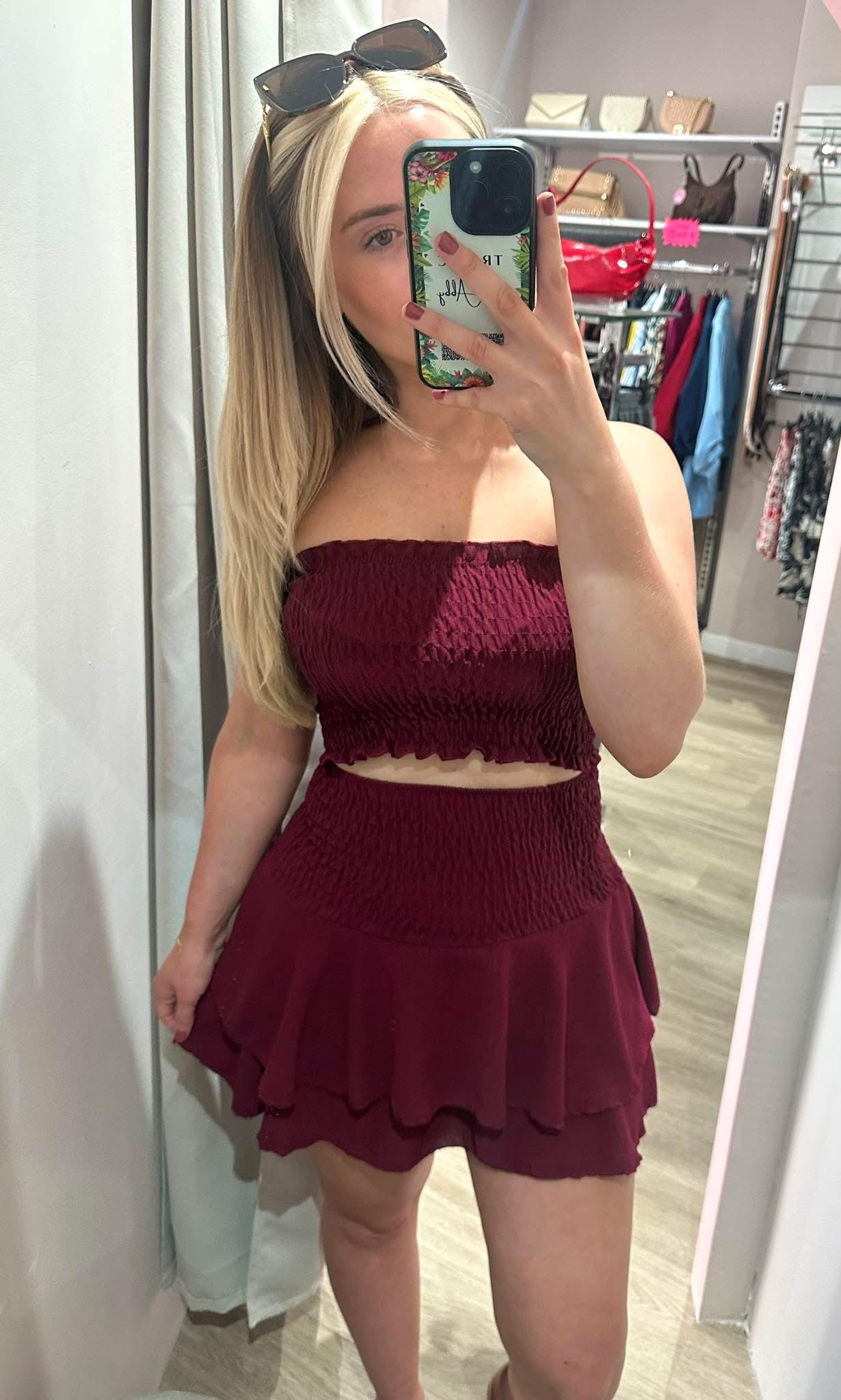 Bandeau top & layered skirt set - Burgundy