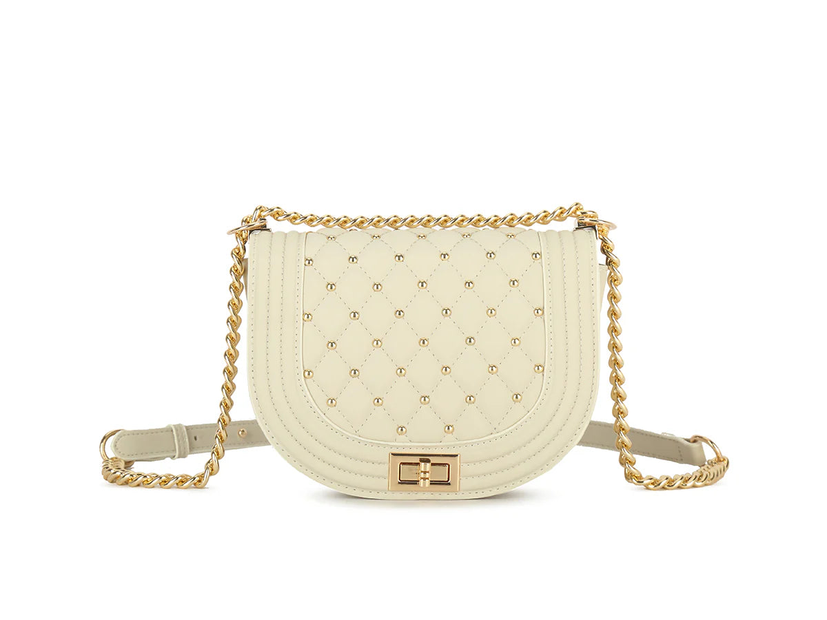 Quilted and stud detail shoulder bag with gold chain strap - White