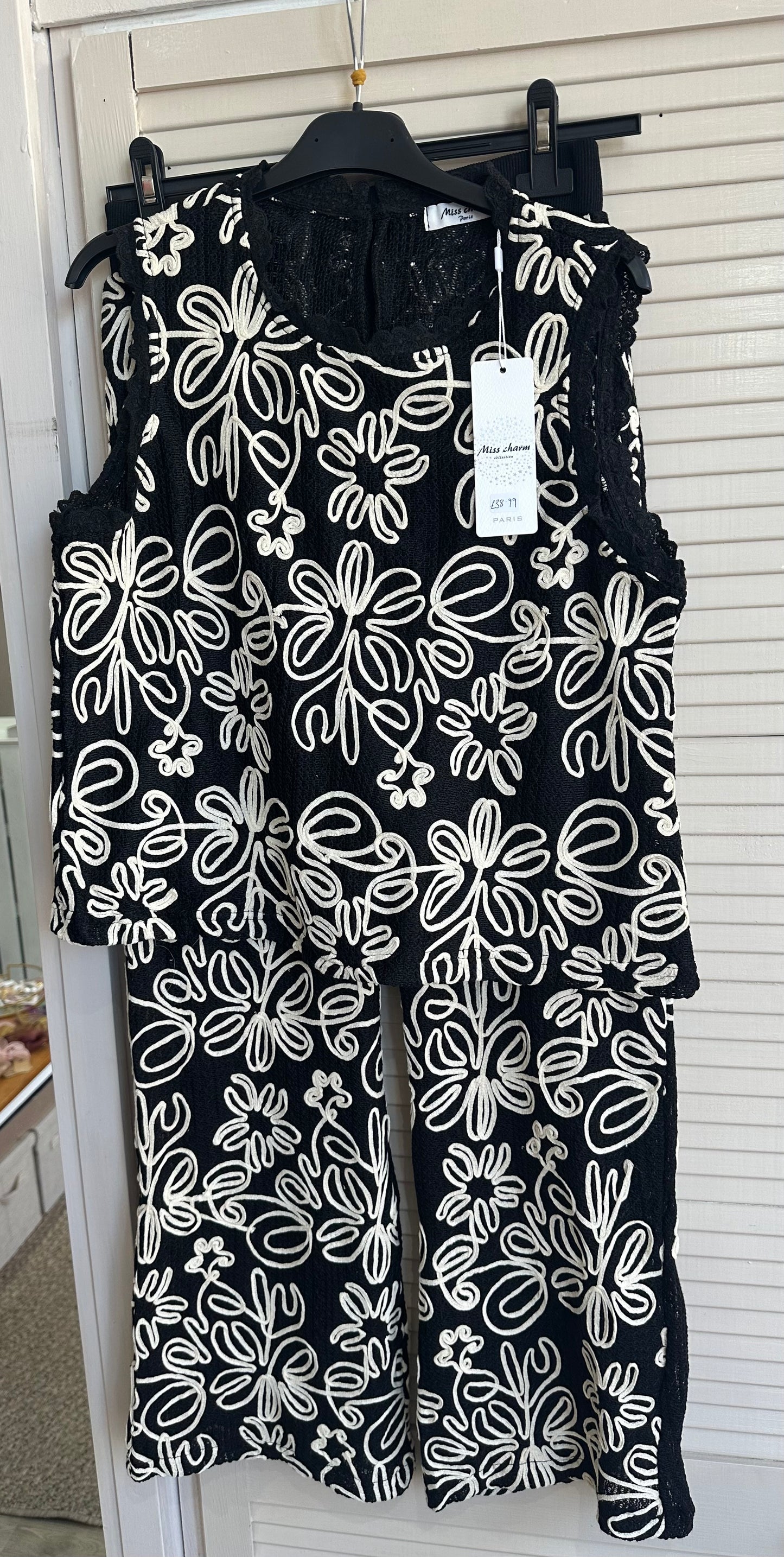 Black floral embroidered high waist trousers & lace detail top set