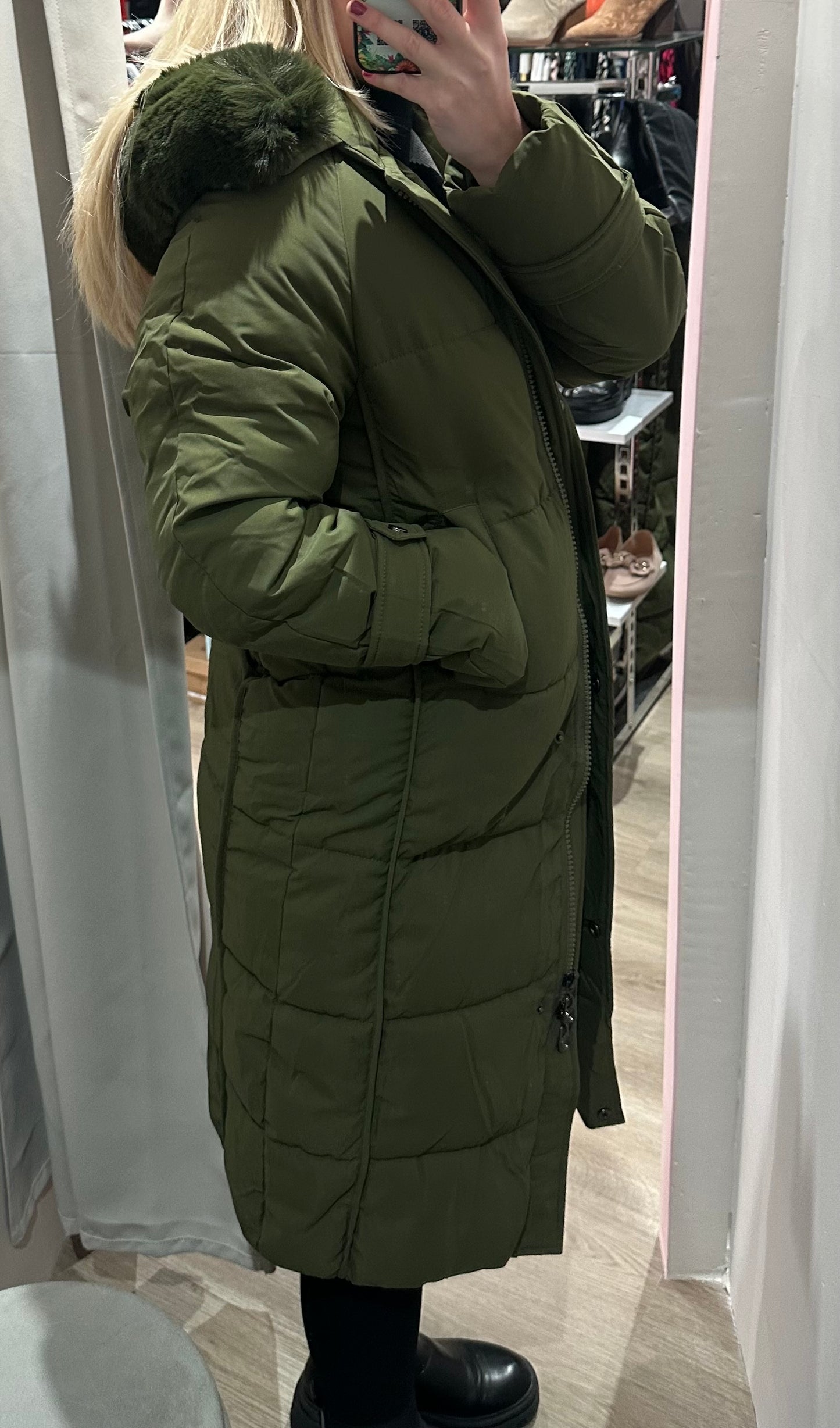 Green padded longline coat with removable fur hood
