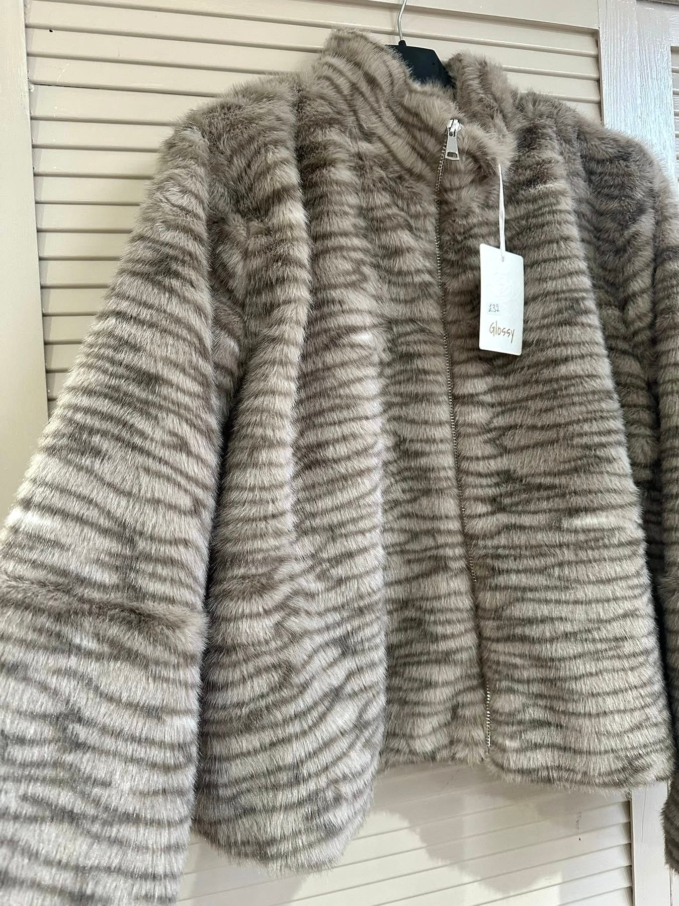 Animal print faux fur zip up jacket