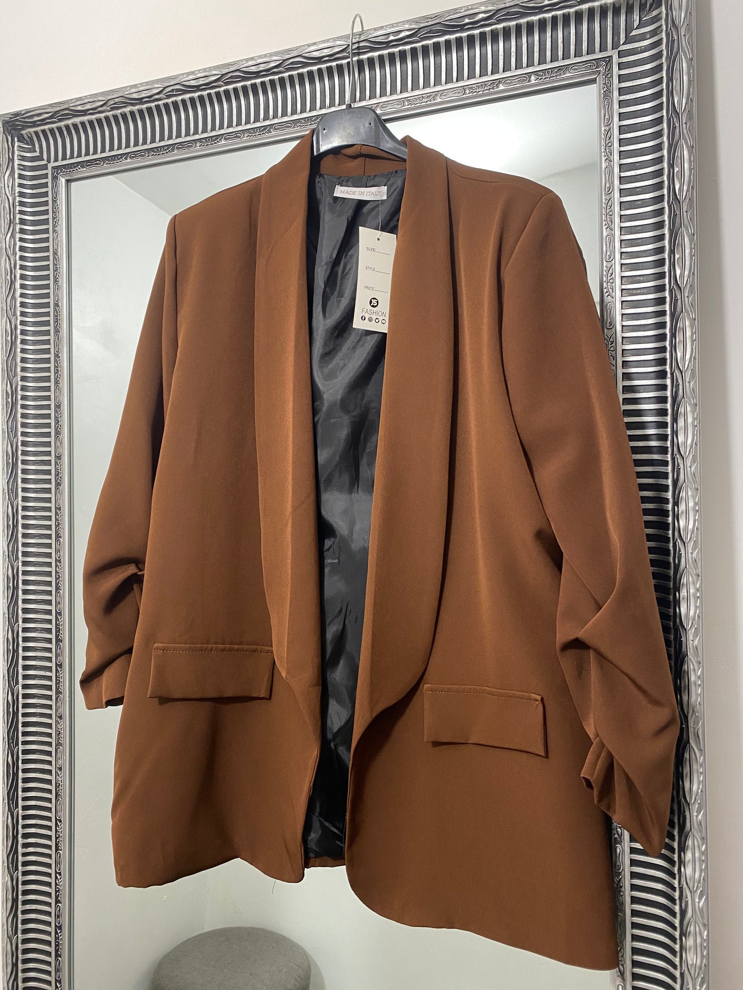 Brown ruched sleeve open blazer