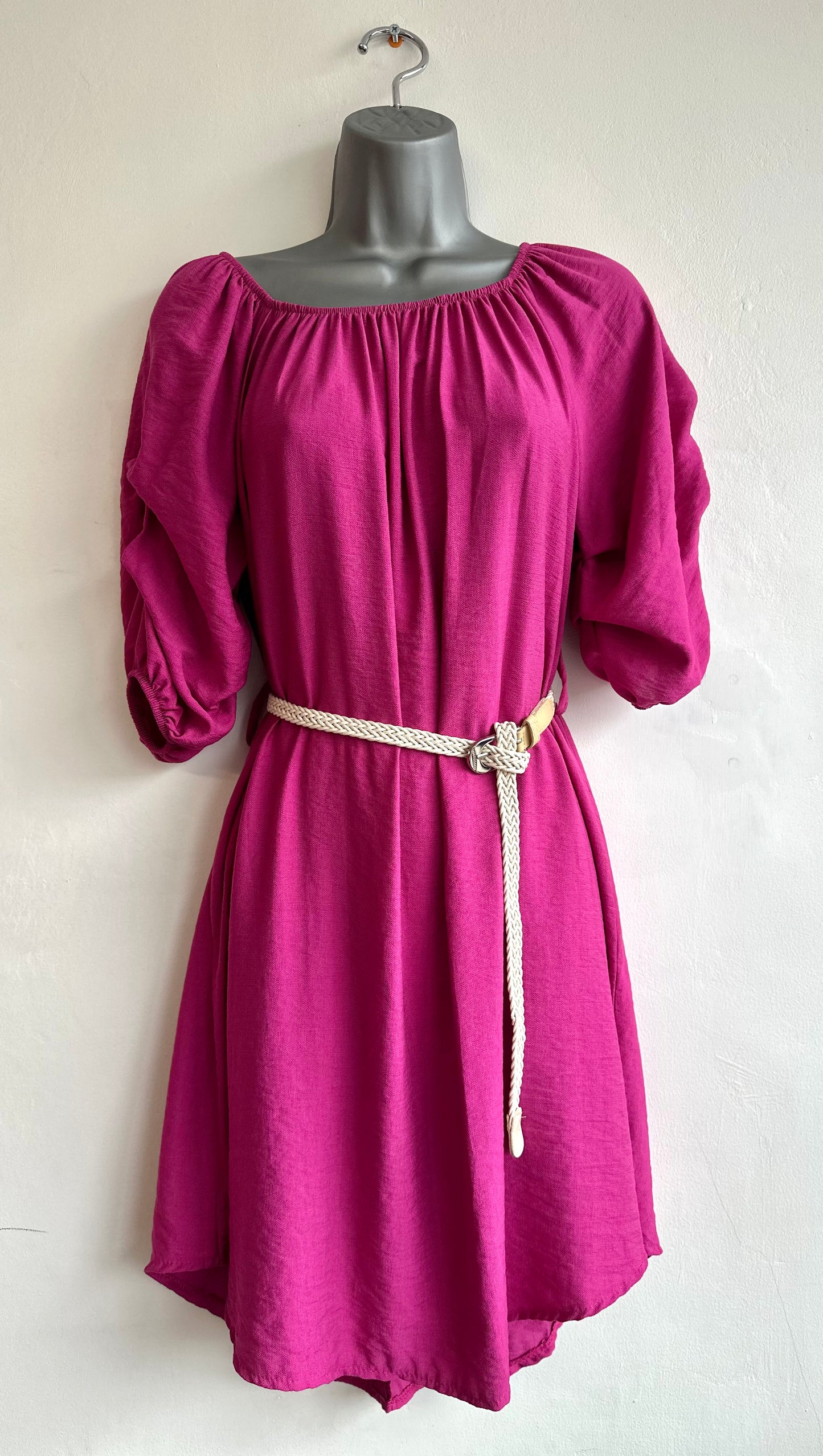 Raspberry curved hem belted dress