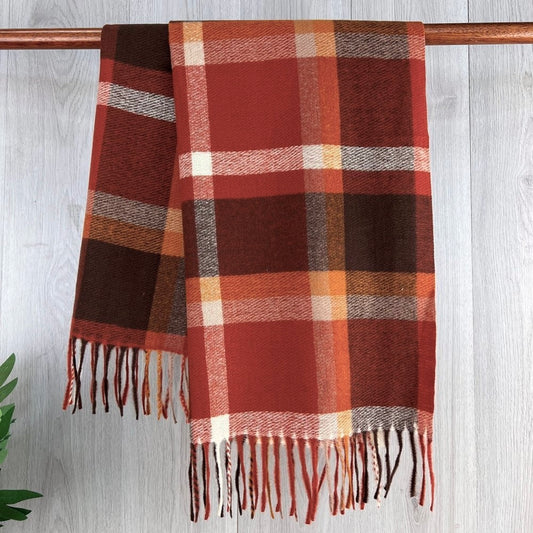 Rust Multi Check Fringed Scarf