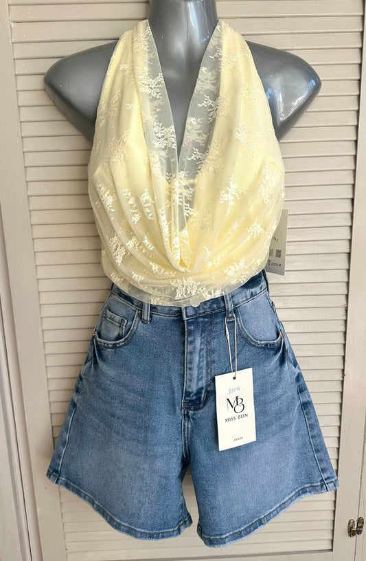 Yellow lace & mesh detail cowl neck overlay bodysuit