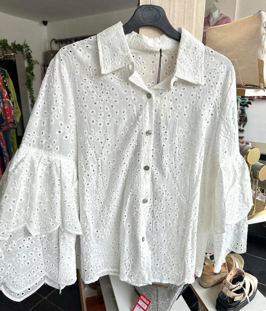 White layered sleeve broderie detail blouse