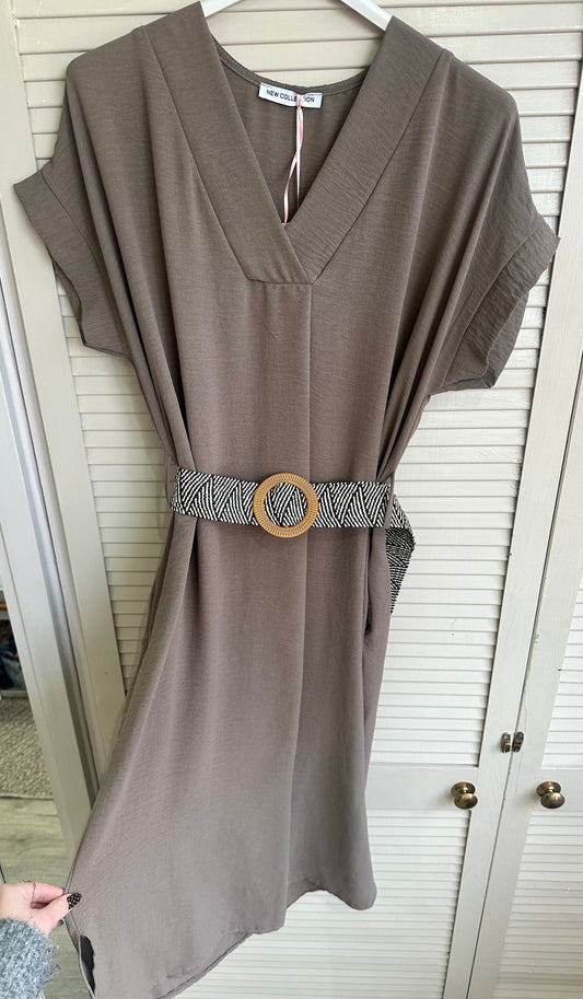 Short sleeve curved hem midi dress with woven elasticated belt - Taupe