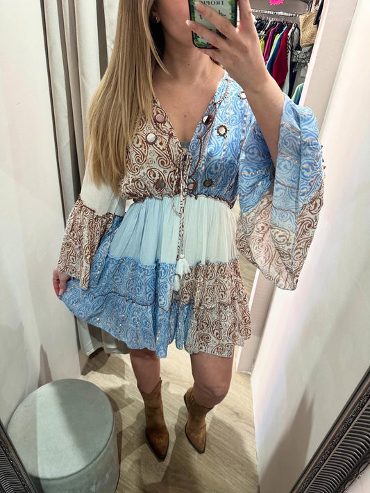 Boho paisley mini dress with bell sleeves & mirror detail - Blue