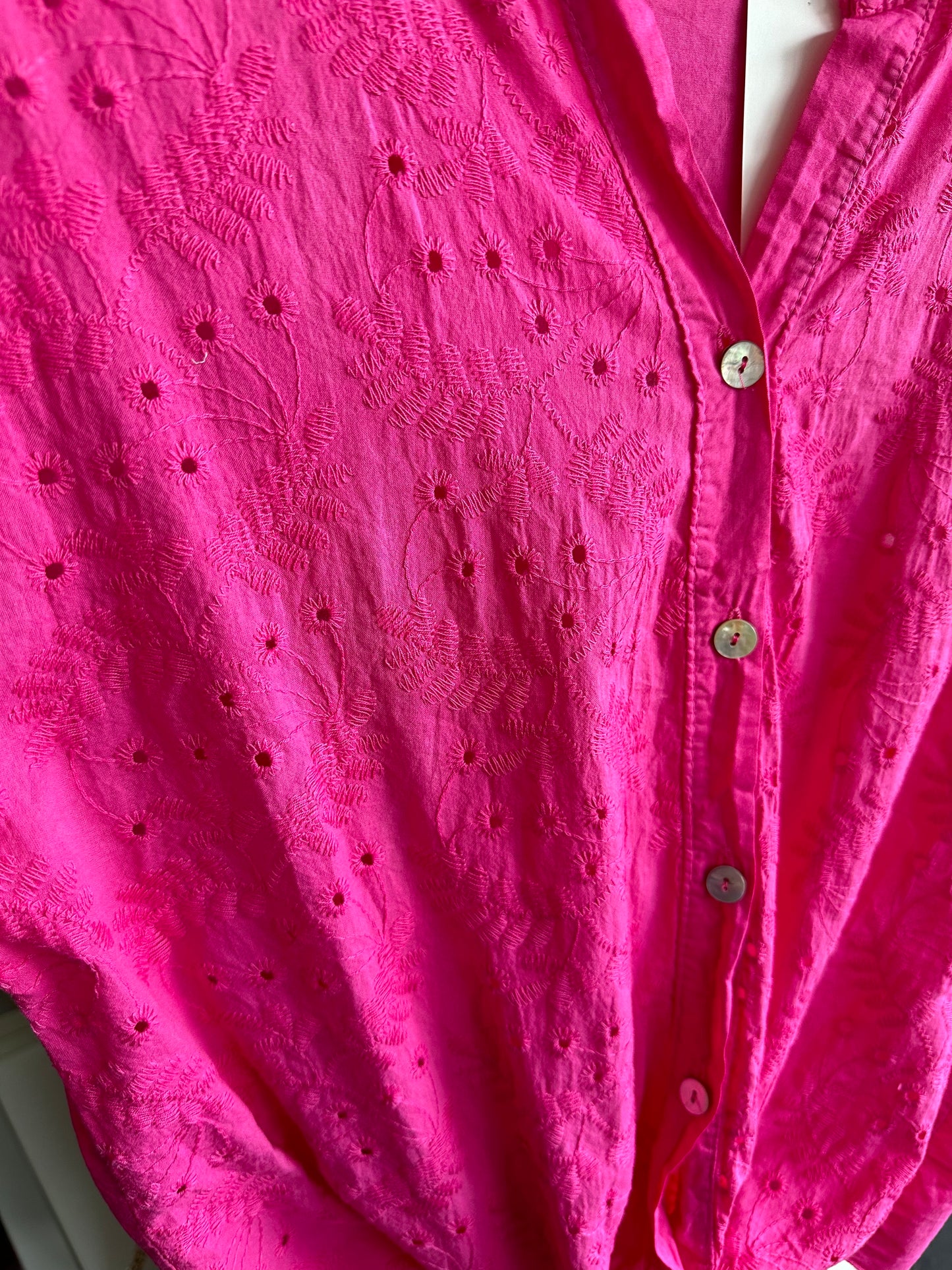 Pink broderie button down tie front top