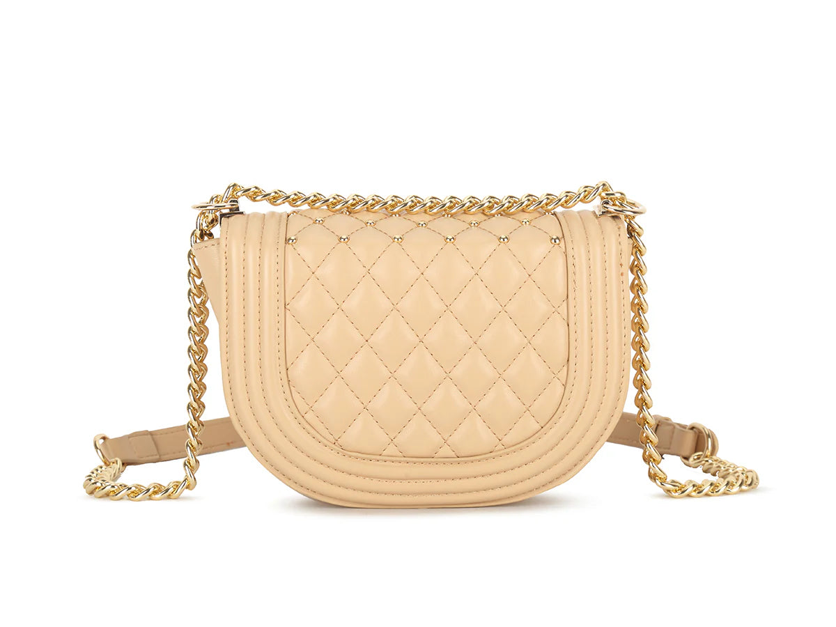 Quilted and stud detail shoulder bag with gold chain strap - Nude