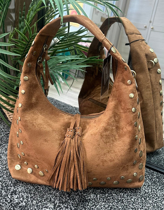 Faux suede studded detail shoulder bag with tassel detail (also comes with a long strap) - Tan/Camel