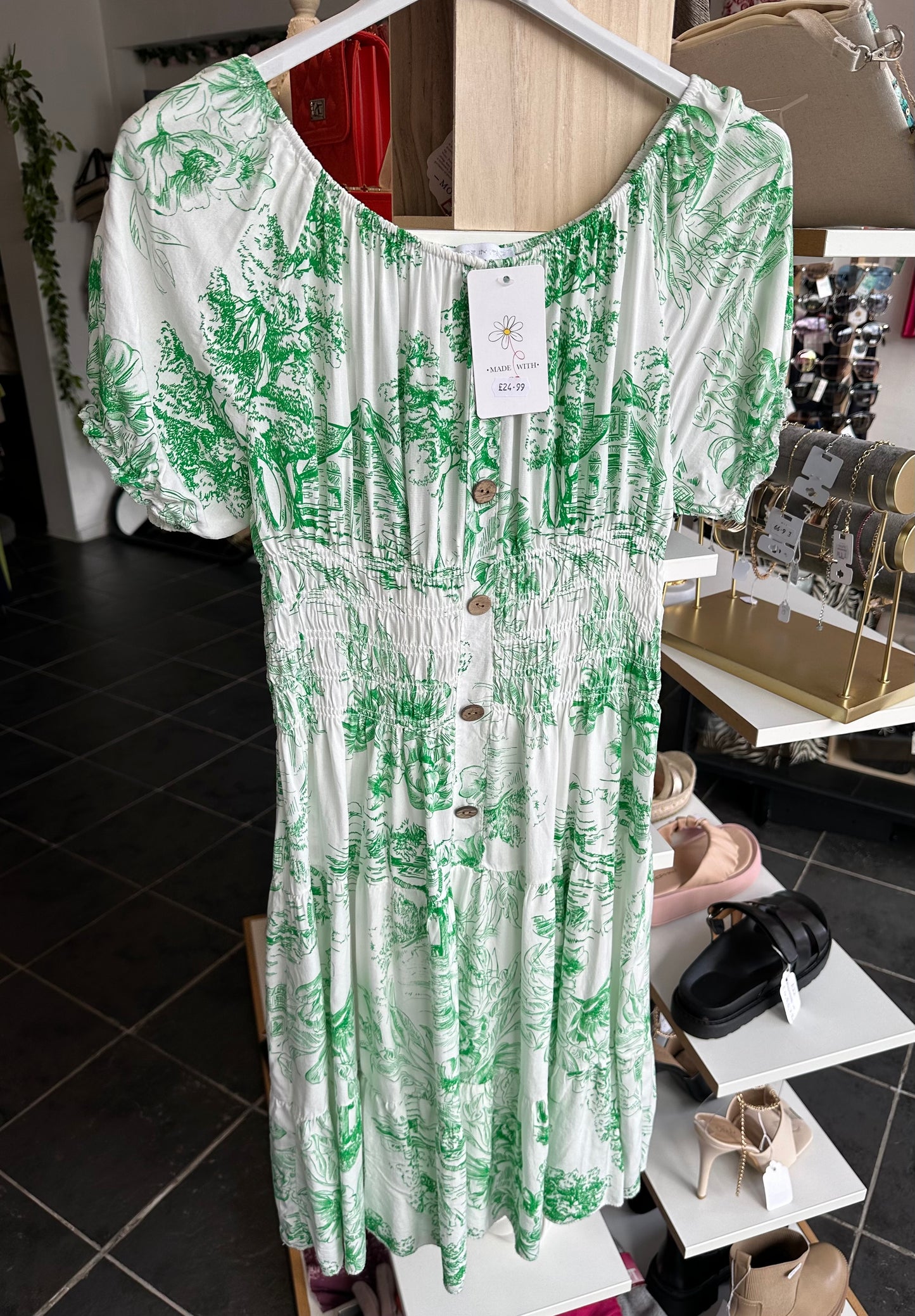 Green floral shirred waist button down dress